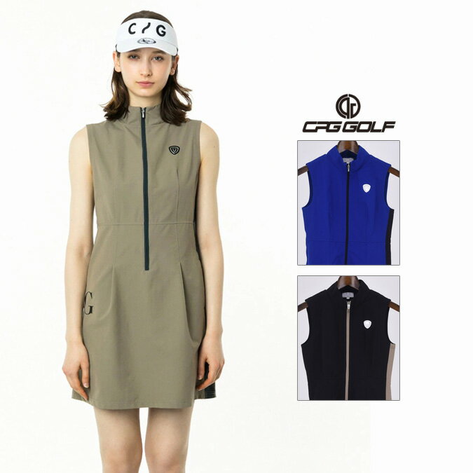 CPG GOLF シーピージーゴルフ レディース ハイストレッチゴルフドレス 膝上丈 ショート丈 ノースリーブ ジップアップ モックネック ペチコート付き UVカット 防水 速乾機能 スポーツ アウトドア 1-3 S-L 1107-24126