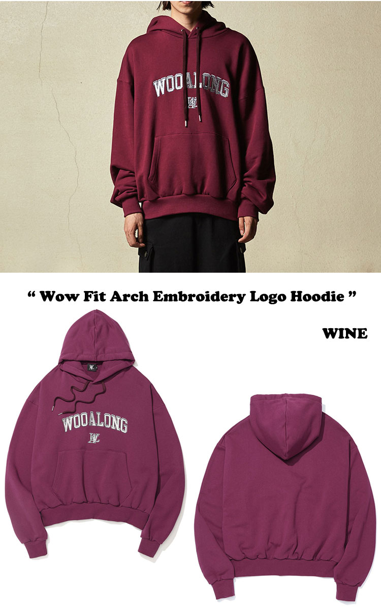 ウアロン パーカ WOOALONG メンズ レディース Wow Fit Arch Embroidery Logo Hoodie ワウ フィット アーチ エンブロイダリー ロゴ フーディー GREY グレー BLACK ブラック WINE ワイン CHARCOAL チャコール EL53XX00174/5/6/7 ウェア