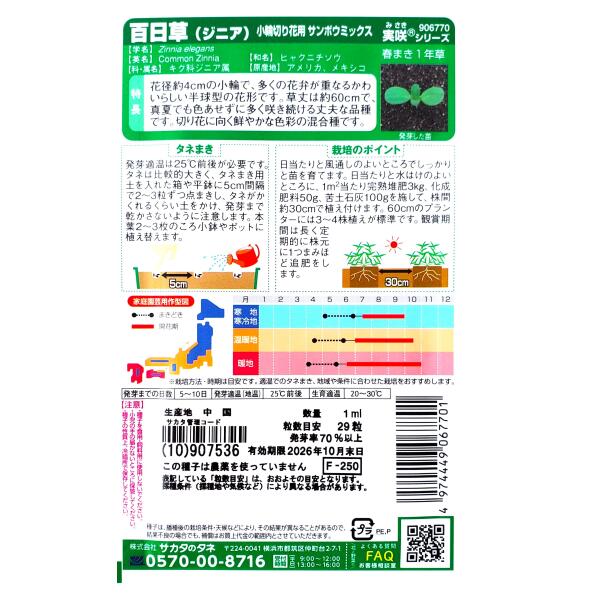 【サカタのタネ】百日草（ジニア）　小輪切り花用 サンボウミックス（1ml）【定形...