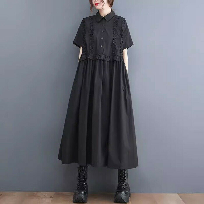 シャツワンピース 半袖 ロングワンピース レディース 夏 ロングシャツ ロング丈 シャツワンピ ロングワンピ フリル付き ワンピース 大きいサイズ ゆったり 体型カバー カジュアル キレイめ ゆったり はぐラブ