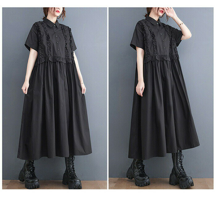 シャツワンピース 半袖 ロングワンピース レディース 夏 ロングシャツ ロング丈 シャツワンピ ロングワンピ フリル付き ワンピース 大きいサイズ ゆったり 体型カバー カジュアル キレイめ ゆったり はぐラブ
