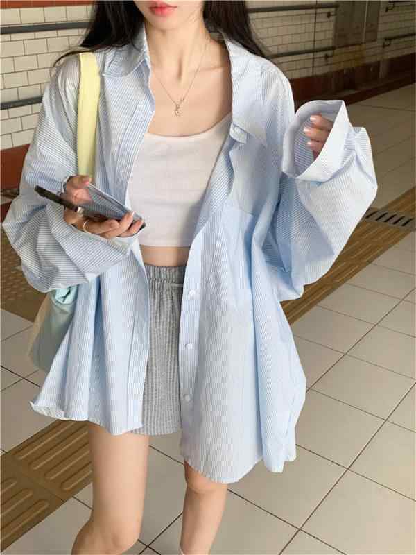 Rakuten - ディース シャツ ブラウス ポロ襟 ストライプ ゆったり ミドル丈 UVカット 日焼け対策 羽織り カジュアル トップス 体型カバー 楽ちん 冷房対策 夏 春夏