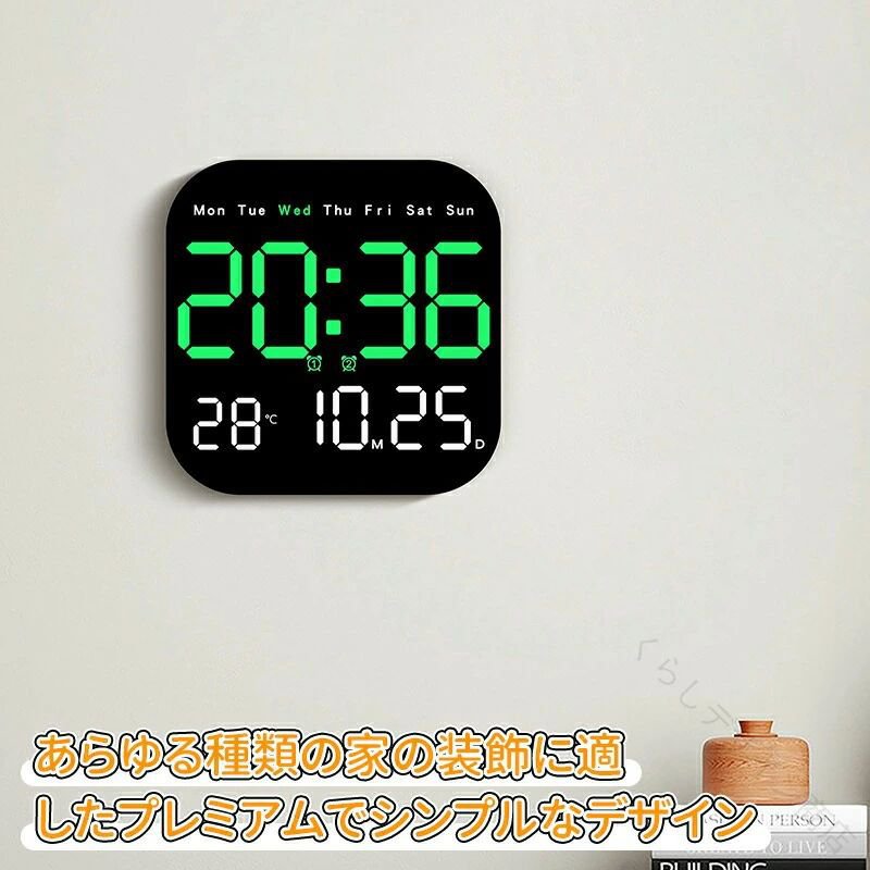 LED デジタル 時計 壁掛け時計 掛け時計 目覚まし時計 LEDデジタル掛け時計 多機能 時間 日付 温度 曜日 同画面表示 USB給電 リビングルーム 寝室 オフィス デスクトップ兼用 週表示 アール [2]