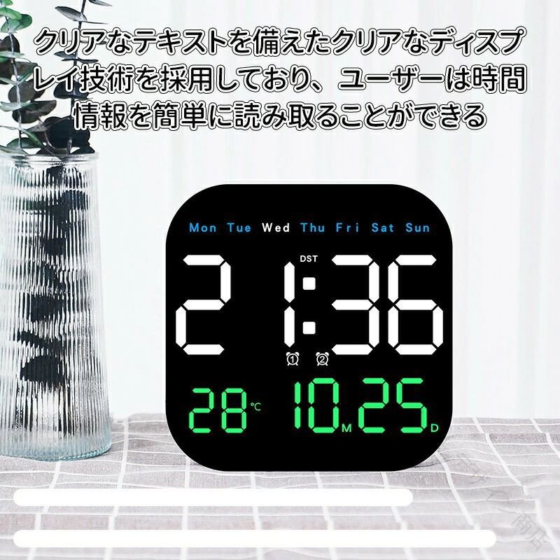 LED デジタル 時計 壁掛け時計 掛け時計 目覚まし時計 LEDデジタル掛け時計 多機能 時間 日付 温度 曜日 同画面表示 USB給電 リビングルーム 寝室 オフィス デスクトップ兼用 週表示 アール [3]