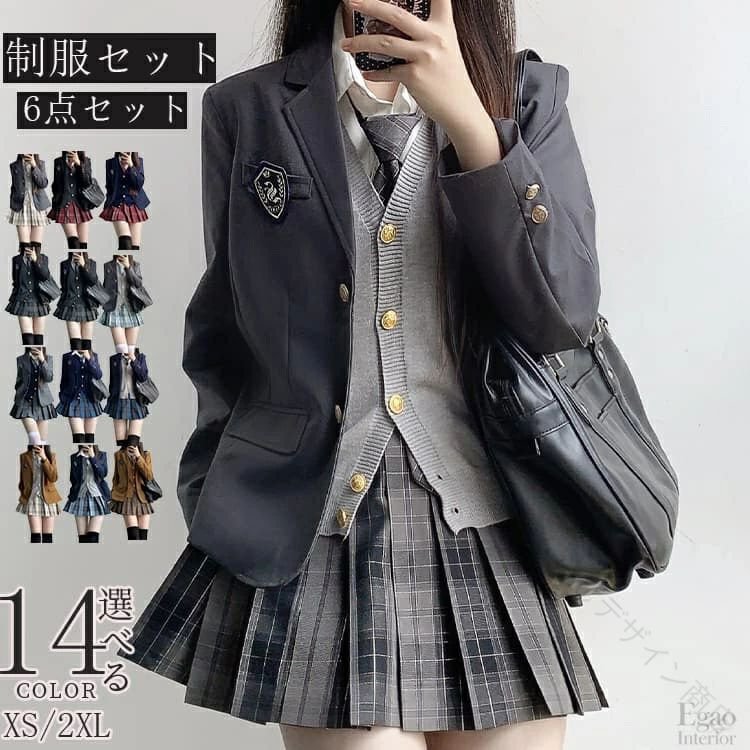 入学式スーツ 入学式 フォーマルスーツ 制服セット レディース 6点セット スーツ 卒業式服 チェックスカート 春秋ブレザー シャツ 長袖シャツ バッジ ベスト 女の子 学生服 女子学生制