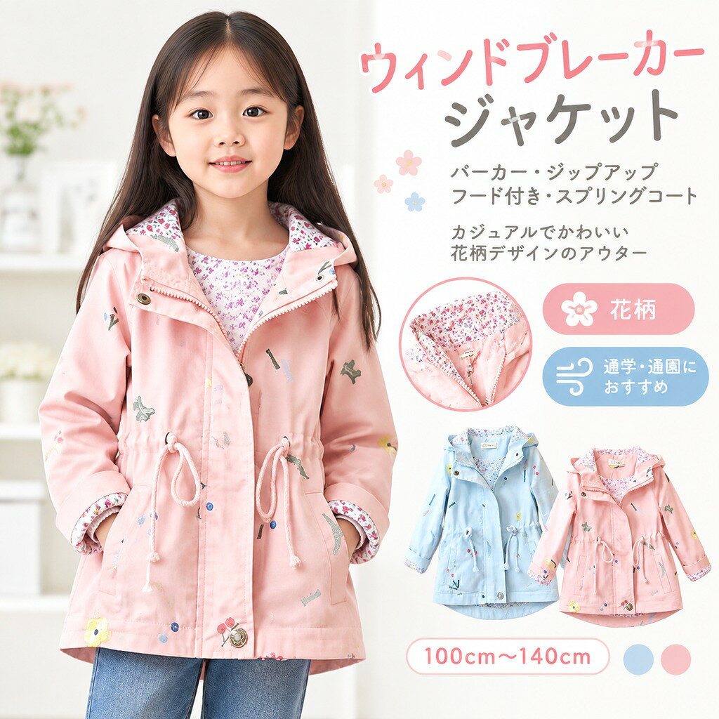 キッズ ウィンドブレーカー ジャケット 女の子 花柄 フード付き ジップアップ パーカー アウター スプリングコート 通学 通園 春秋 子供服 ジュニア 送料無料