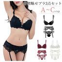 ブラジャー ショーツ ガーターベルト 3点セット 3/4カップ ワイヤー付き 花柄レース ランジェリー 谷間メイク 脇肉スッキリ 脇高 上下セット セクシー下着...