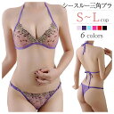 ブラショーツセット シースルー三角ブラ Tバック レディース 超薄型上下セット 花柄レース 刺繍 チュール ノンワイヤー 勝負下着 エロい 背中見せ おしゃれ 解放感 快適 セクシー