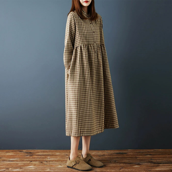 ワンピース チェック レディース 長袖 ロングワンピース ロングワンピ ミモレ丈 ワンピ 大きいサイズ ゆったり ギンガムチェック バンドカラー Aライン 柔らかい 体型カバー 大人 ナチュラル カジュアル ブラウン 送料無料