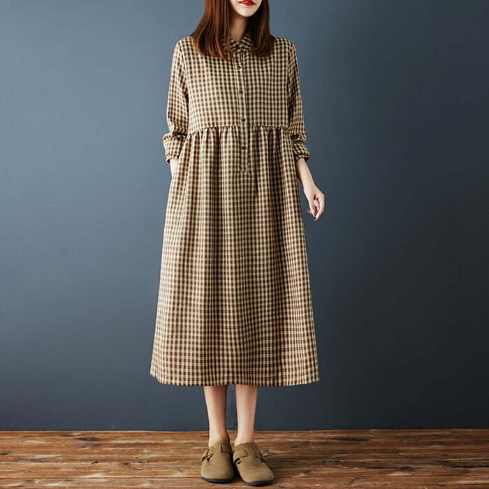 ワンピース チェック レディース 長袖 ロングワンピース ロングワンピ ミモレ丈 ワンピ 大きいサイズ ゆったり ギンガムチェック バンドカラー Aライン 柔らかい 体型カバー 大人 ナチュラル カジュアル ブラウン 送料無料
