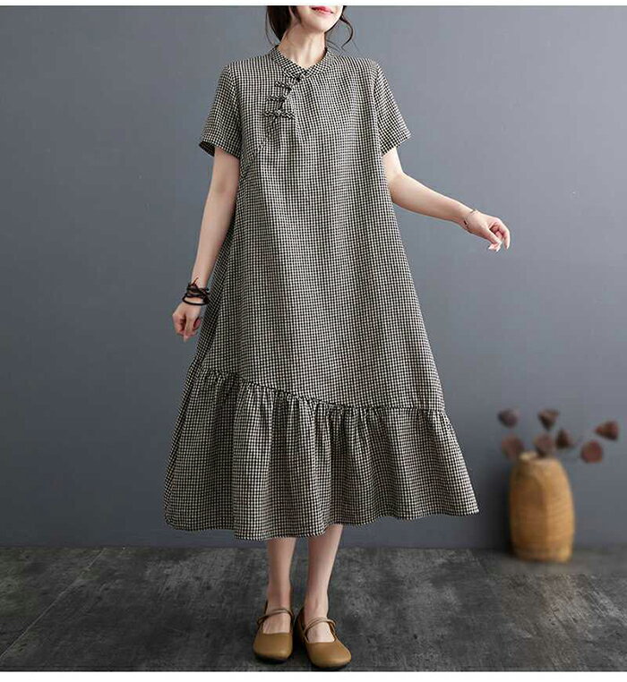 ワンピース レディース ギンガムチェック ロングワンピース 半袖 チェック柄 裾フレア ロングワンピ ブロックチェック ミモレ丈 ロング ワンピ ゆったり キレイめ カジュアル 大人可愛い 体型カバー ナチュラル 夏 送料無料
