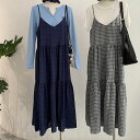 ジャンパースカート 前後2way キャミワンピース レディース チェック 夏 綿麻 ジャンスカ vネック ロングワンピ タータンチェック ミモレ丈 サロペットスカート フレア Aライン オールインワン カジュアル きれいめ ゆったり 大人 可愛い おしゃれ レイヤード 送料無料