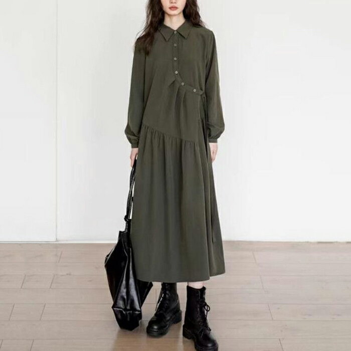 シャツワンピース レディース 長袖 フレアワンピース ギャザー 春秋 ロングワンピース シャツワンピ ロングワンピ ミモレ丈 斜め襟 ゆったり 大きいサイズ 体型カバー カジュアル キレイめ 着痩せ 体型カバー グリーン 送料無料