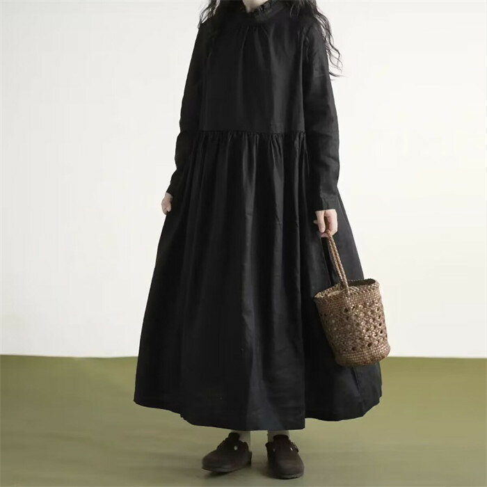 綿麻風ワンピース リネン コットン ロングワンピース フリル襟ワンピース 黒 レディース 長袖 ワンピース ロング ミモレ丈 大きいサイズ 体型カバー ゆったり ゆる ハイネック 着痩せ エレガント カジュアル 春 秋 冬 送料無料