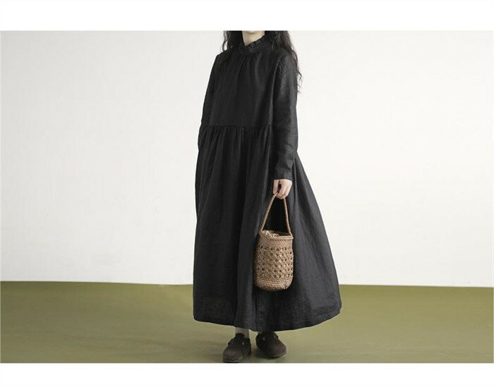 綿麻風ワンピース リネン コットン ロングワンピース フリル襟ワンピース 黒 レディース 長袖 ワンピース ロング ミモレ丈 大きいサイズ 体型カバー ゆったり ゆる ハイネック 着痩せ エレガント カジュアル 春 秋 冬 送料無料