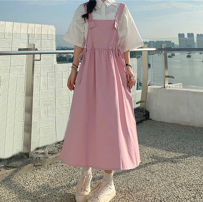 ジャンパースカート 大人 サロペットスカート 秋 ロングワンピース レディース タンクワンピース ミモレ丈 フレアワンピース ワンピース オールインワン オーバーオール 重ね着 可愛い 森ガール ベージュ ブラック ブルー ピンク バッグ付き 送料無料