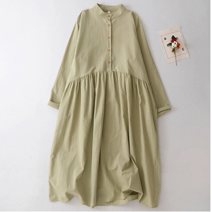 シャツワンピース 長袖 ワンピース レディース スタンドカラー シャツワンピース ロング ノーカラー 綿麻風ワンピース ロングワンピース きれいめ ナチュラル ミモレ丈 無地 シンプル ゆったり 大きいサイズ 着痩せ カジュアル 春 秋 冬 送料無料