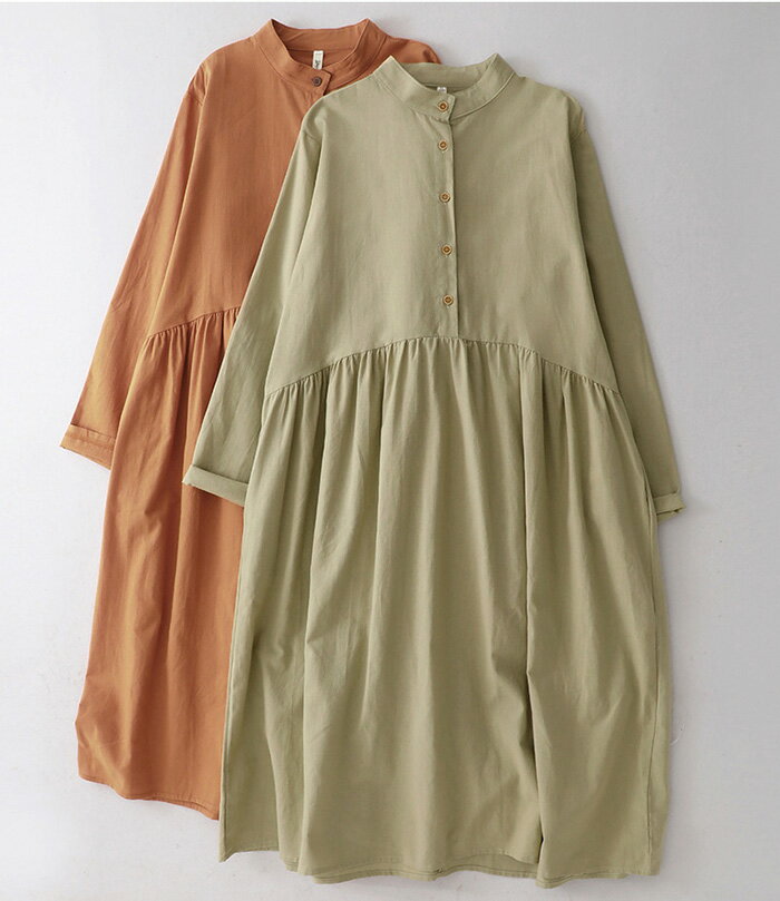 シャツワンピース 長袖 ワンピース レディース スタンドカラー シャツワンピース ロング ノーカラー 綿麻風ワンピース ロングワンピース きれいめ ナチュラル ミモレ丈 無地 シンプル ゆったり 大きいサイズ 着痩せ カジュアル 春 秋 冬 送料無料
