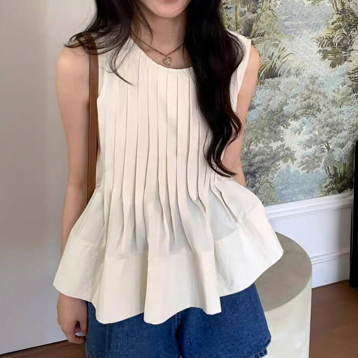 タンクトップ Tシャツ レディース 夏 ノースリーブ タック入り フレア トップス 綿麻風 クルーネック 裾フレア プルオーバー カジュアル きれいめ シンプル 無地 袖なし おしゃれ ゆったり 着回し 大人可愛い 送料無料
