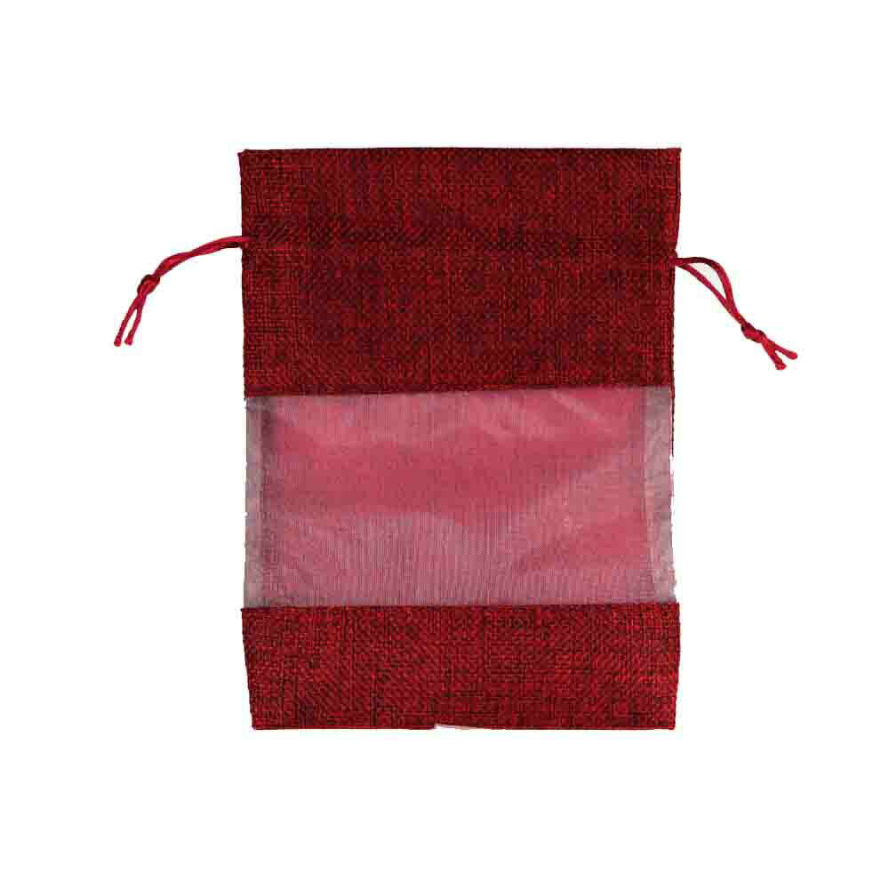 麻袋 ジュート リネン 巾着袋 小物入れ 窓あり 10枚入り ラッピング用品 ギフト用品 レッド (mnr23)