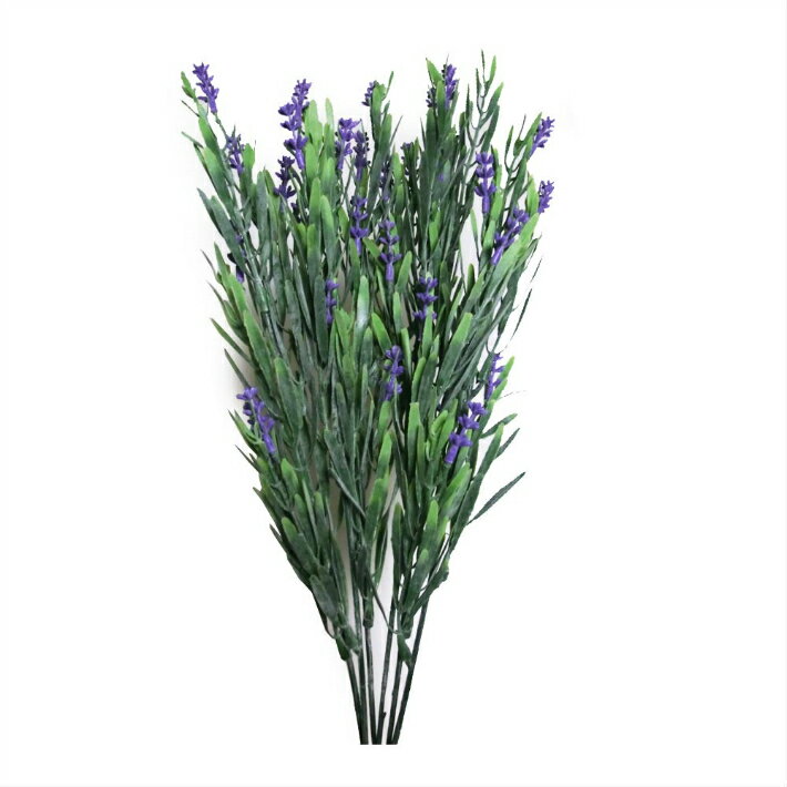 サイズ：花の大きさ1輪　約1x1x3cm 　　　　葉を含めた全体の大きさ　約18x15x38cm 　　　　＊茎部分の広げ方で大きさが変わります。 ラベンダー1株 材質:ポリエステル、ポリエチレン、鉄 屋内装飾用なので、装飾以外の用途にはご使用にならないで下さい。 直射日光の当たる場所や屋外で使用すると、色落ちや変色する場合があります。 原産国:中国