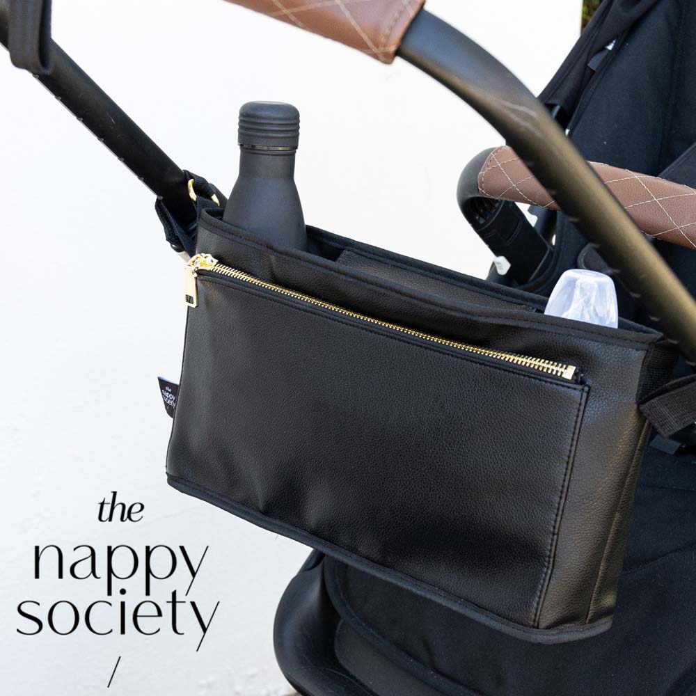 ベビーカーバッグ 多収納 大容量 ベビーカーバッグ ドリンクホルダー ベビーカー用バッグ The Nappy Society ナッピーソサエティー プラム キャディ ベビーカーオーガナイザー (ヴィーガンレザー/ブラック) ( マザーズバッグ 収納バッグ ベビーカー 収納カバー )