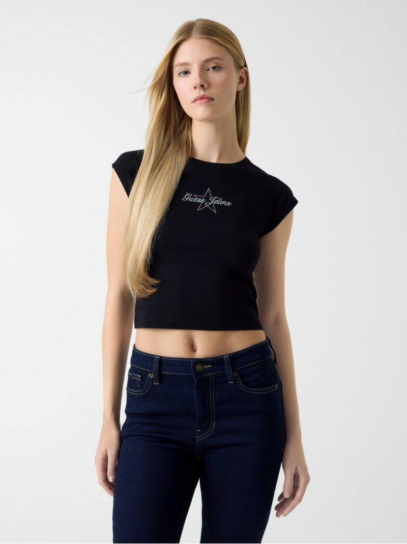 Rakuten - GUESS JEANS Tシャツ (W)GUESS JEANS Baby Tee GUESS JEANS ゲス トップス カットソー・Tシャツ ブラック ホワイト【送料無料】[Rakuten Fashion]