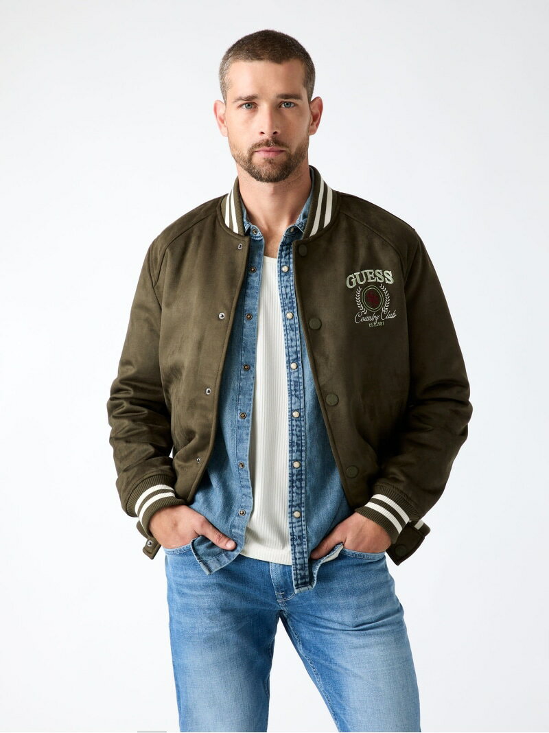 Rakuten - GUESS/(M)VARSITY Suede Jacket GUESS ゲス ジャケット・アウター スタジャン・スカジャン カーキグリーン【送料無料】[Rakuten Fashion]
