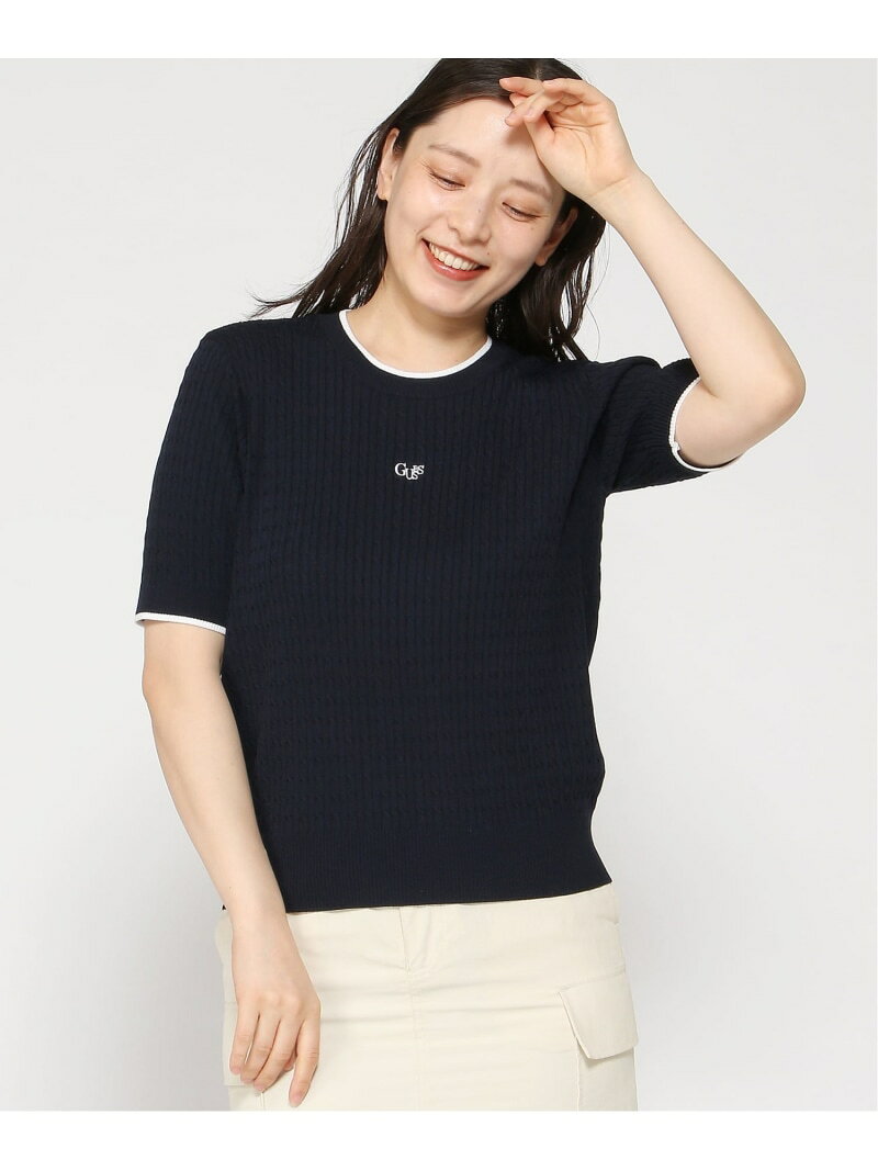 Rakuten - GUESS/(W)LADIES' S/Slv Sweater 半袖ニット ニット GUESS ゲス トップス ニット ネイビー ホワイト【送料無料】[Rakuten Fashion]