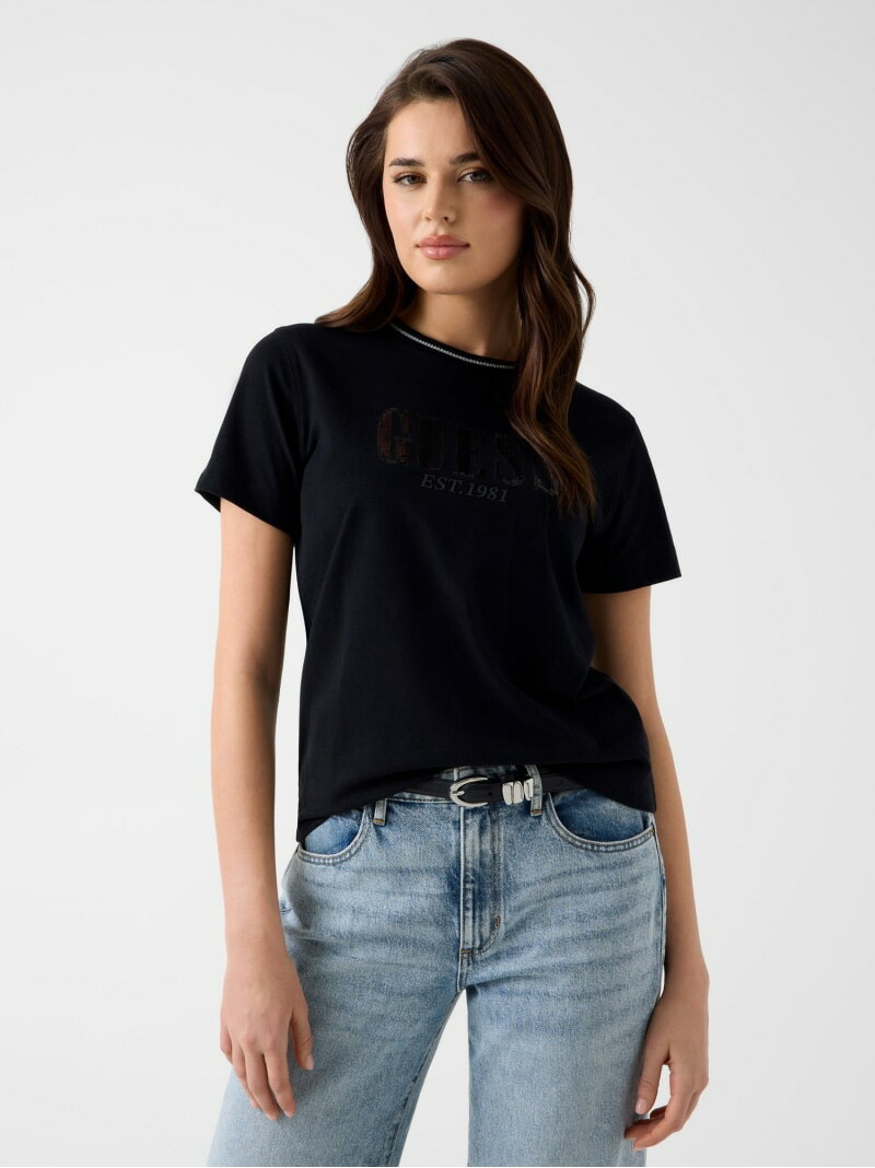 Rakuten - GUESS/(W)SEQUINS Logo Tee Tシャツ ロゴTシャツ GUESS ゲス トップス カットソー・Tシャツ ブラック ホワイト【送料無料】[Rakuten Fashion]