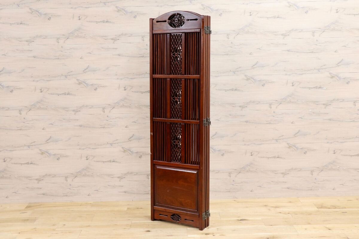 【中古】GMJS53 唐木 4連衝立 パーテーション 間仕切り 和モダン 彫刻 透かし彫り ...