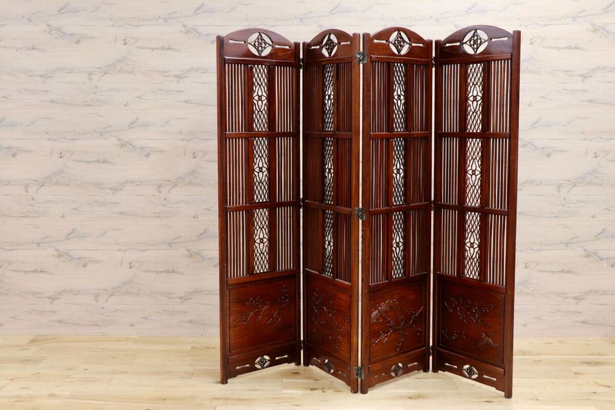 【中古】GMJS53 唐木 4連衝立 パーテーション 間仕切り 和モダン 彫刻 透かし彫り ...