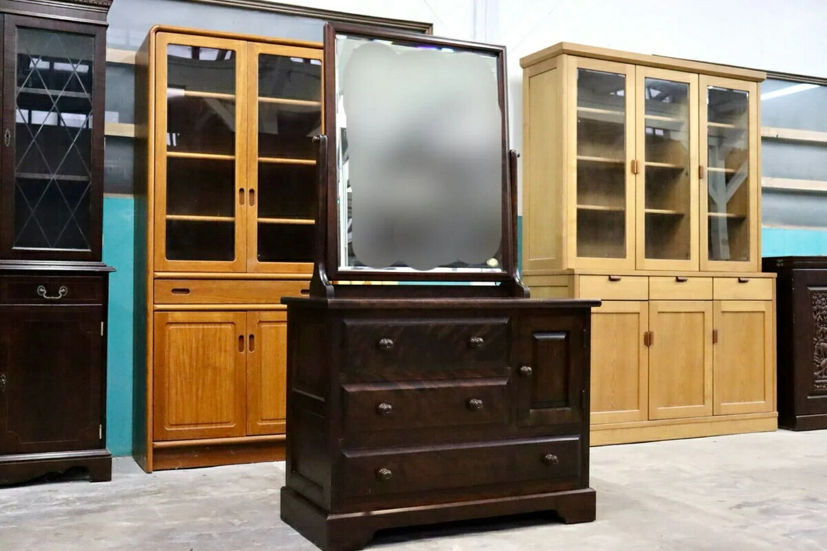 GMHH449B　北海道民芸家具 ドレッサー 鏡台 化粧台 ミラー チェスト 収納家具 樺材 無垢 和家具 和モダン 古民家 レトロ アンティーク