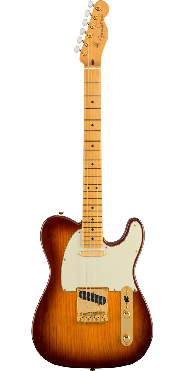 Description 説明不要の2大ギターメーカーの1つであるフェンダー（Fender）。創始者であるレオ・フェンダーが1946年にフェンダー社を設立して以来、数々のモデルを世に送り出し、現在も世界中のミュージシャンから愛され続けるブランドで、愛用しているアーティストも音楽の歴史を作ってきた偉人達ばかり、その製作技術の高さ、往年のフェンダー・サウンドは今もなおプレイヤーを魅了するブランドとなっています。 フェンダー社の創設から75周年を記念したモデル「75th Anniversary Commemorative Telecaster」が発表されました。ボディにはシャープな粒立ち感と心地良いレンジが迫力を生み出すアッシュ、25.5インチ・スケールのネックと22フレット仕様の指板には硬めでクリアかつ歯切れの良いメイプル材を採用。ネックシェイプはコード演奏にもソロ演奏にも最適で、より自然なプレイヤビリティを提供する「Deep "C"」、あらゆるプレイスタイルに最適な9.5Rの指板、ミディアム・ジャンボ・サイズのフレット、ハイポジションでのフィンガリングがスムーズなネックヒールと演奏性は抜群です。 ピックアップ・システムにはカスタム・ショップ製の「Twisted Tele」を搭載し、ヴィンテージ・テイスト溢れる深みのあるサウンドが特徴的で煌びやかで明るく力強い、抜けの良いホットなサウンドをアウトプットいたします。またブリッジにはブラス製のバレット・サドルを採用したトップロード／ストリングスルー・ブリッジを装備し、安定したチューニングで幅広い音楽性をカバー。さらに美しく仕上げられた2カラー・バーボン・バースト・フィニッシュ、ゴールドで統一されたハードウェア、パーロイドチューナーボタンを装備したロック式ペグ、ヘッド裏の75周年を記念したインゴット・インレイ、75周年専用の特別なネックプレートなど豪華なルックスも見逃せません。ハードケースも高級感のあるレイク・プラシッド・ブルー・カラーの内装を施したカスタム・インカ・シルバー・カラーのハードケースが付属。クラシックなフェンダー・スタイルに上質なパッケージを備えたモデルに仕上がっております。 Specification Body Material: Ash Body Finish: Gloss Urethane Body Shape: Telecaster Neck Material: Maple Neck Finish: Satin Urethane Finish on Back, Gloss Urethane Finish on Front Neck Shape: Deep "C" Scale Length: 25.5" (648 mm) Fingerboard Material: Maple Fingerboard Radius: 9.5" (241 mm) Number of Frets: 22 Fret Size: Medium Jumbo Nut Material: Bone Nut Width: 1.685" (42.8 mm) Position Inlays: Black Dot Bridge Pickup: Custom Shop Twisted Tele Single-Coil Neck Pickup: Custom Shop "Twisted" Tele Single-Coil Controls: Master Volume, Master Tone Switching: 3-Position Blade: Position 1. Bridge Pickup, Position 2. Bridge and Neck Pickups, Position 3. Neck Pickup Configuration: SS Bridge: 3-Saddle Top-Load/String-Through Tele with Compensated Brass “Bullet” Saddles Hardware Finish: Gold Tuning Machines: Modern Locking Short-Post with White Pearloid Buttons Pickguard: 3-Ply Mint Green Control Knobs: Knurled Dome Switch Tip: Black Strings: Fender USA 250L Nickel Plated Steel (.009-.042 Gauges), PN 0730250403 Case/Gig Bag: Deluxe Molded Hardshell ? Inca Silver with Blue Interior※画像はサンプルです。商品の特性上、木目・色合いは1本1本異なりますの予めご了承ください。木目・色合いが気になる方はお問い合わせ下さい。