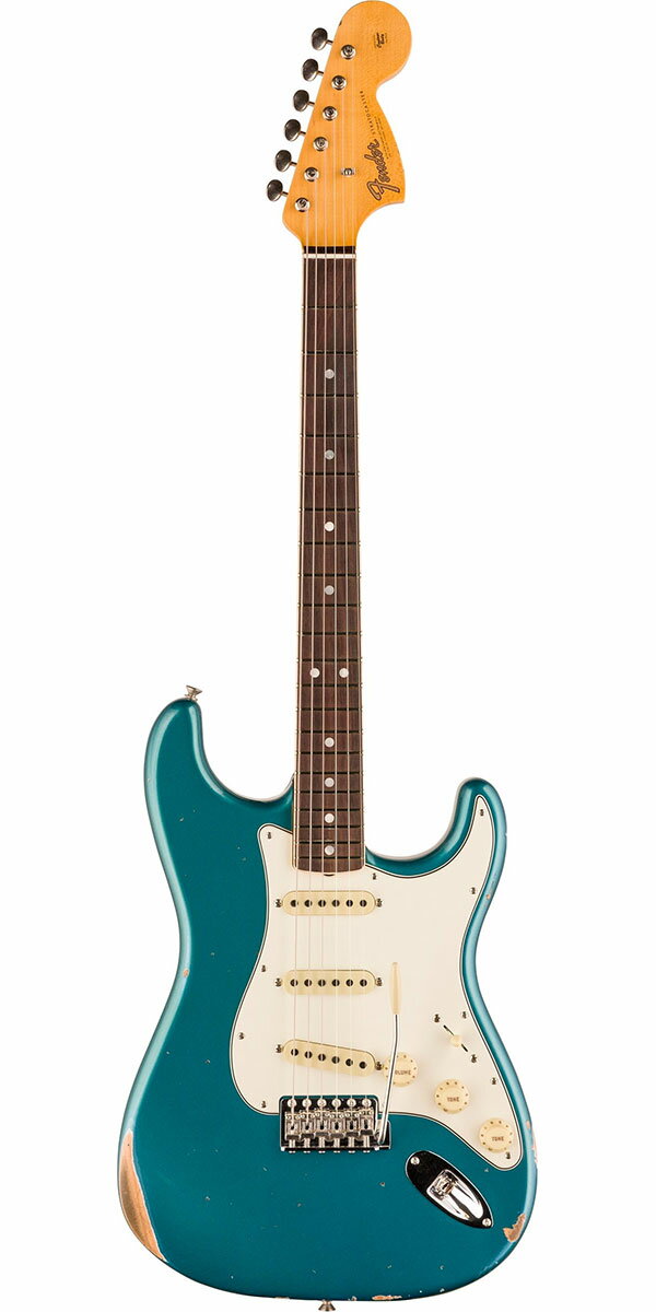 Description 1987年に設立され、最上級モデルを制作するために生まれたフェンダー・カスタム・ショップ（Fender Custom Shop）。マスタービルダーと呼ばれる巨匠達が製作を担当するマスタービルダー・シリーズやその他の多くのシリーズで厳選された木材選び、ピックアップのコイル巻きなど高い製作技術で作り上げられております。フェンダー社の長年の歴史と伝統が注ぎ込まれた世界中のミュージシャンから愛され続けるセクションです。 各年代ごとの特徴的なスペックを、カスタムショップならではの高い技術を持って再現したタイム・マシーン・シリーズ（Time Machine Series）。そんな『2024 Time Machine Collection』より「1967 STRATOCASTER RELIC WITH CLOSET CLASSIC HARDWARE」のご紹介です。1967年は60年代スペックから70年代スペックへの黎明期となる年で、ラージヘッド、ローズ指板仕様、さらに本作はその中でも極僅かに生産されたとされるバウンドネック仕様を施した1本でございます。ボディには低～高音域までクセの無いサウンドをアウトプットする厳選された2ピース・アルダー、25.5インチ・スケールのネックには硬めでクリアかつ歯切れの良いクォーターソウン・メイプル、21フレット仕様の指板には倍音豊かで優れたサスティーンを生む、1962年中期で終えたスラブ・ボードの次世代となるラウンド貼りローズウッドを採用。ネックシェイプはローポジションからハイポジションまで薄く仕上げられている「'60s Oval "C"」、あらゆるプレイスタイルに最適な9.5Rの指板、フレットにはミディアム・ジャンボよりも少し幅が狭く高さのある「Narrow Tall」を採用するなどピッチの安定したスムーズなフィンガリングを可能にいたします。 ピックアップ・システムにはカスタムショップで丁寧にハンドワウンド（手巻き）された「Texas Special」を搭載し、引き締まった低音域と透き通った高音域、豊かなハイミッドを持った骨太なトーンをアウトプットいたします。またボリュームを絞った時トーンを損なわない「Tone-Saver Bleed」も装備し、歯切れのよいトーンを実現。エイジング処理は塗装が剥げて来た絶妙な風合いを演出する圧巻のレリック加工を施し、さすがはカスタムショップと言うに相応しい出来映えです。ボディのさりげないひび割れ具合、ブリッジからヘッドストックに至るまでのへこみや傷が、長年にわたってクラブやバーで演奏されたような本物の風合いをまとっております。お薦めのストラトキャスターとなっております。 Specification Body Shape: Stratocaster Body Material: 2-Piece Select Alder Body Finish: Nitrocellulose Lacquer Neck Material: Quartersawn Maple Neck Shape: '60s Oval "C" Scale Length: 25.5" (64.77 cm) Fingerboard Radius: 9.5" (241 mm) Number of Frets: 21 Fret Size: Narrow Tall (6105) String Nut: Bone Nut Width: 1.650" (42 mm) Headstock: Stratocaster Neck Plate: 4-Bolt with Custom Shop "V" Logo, Serialized Neck Finish: Nitrocellulose Lacquer Fingerboard: 3A Rosewood Position Inlays: Mother of Pearl Dot - 7 mm Bridge Pickup: Custom Shop Hand-Wound Texas Special Single-Coil Strat Middle Pickup: Custom Shop Hand-Wound Texas Special Single-Coil Strat Neck Pickup: Custom Shop Hand-Wound Texas Special Single-Coil Strat Controls: Master Volume with Tone-Saver Treble-Bleed Circuit, Tone 1. (Neck/Middle Pickups), Tone 2. (Bridge Pickup) Pickup Switching: 5-Position Blade: Position 1. Bridge Pickup, Position 2. Bridge and Middle Pickup, Position 3. Middle Pickup, Position 4. Middle and Neck Pickup, Position 5. Neck Pickup Pickup Configuration: SSS Bridge: Custom Shop Vintage Synchronized Tremolo Tuning Machines: Vintage-Style with Fender Logo Orientation: Right-Hand Hardware Finish: Nickel/Chrome Pickguard: 3-Ply Parchment Control Knobs: Vintage White Plastic Switch Tips: Vintage White Strings: Nickel Plated Steel (.010-.046 Gauges) Included Accessories: Deluxe Hardshell Case, Strap and Certificate of Authenticity.※画像はサンプルです。商品の特性上、木目・色合いは1本1本異なりますの予めご了承ください。木目・色合いが気になる方はお問い合わせ下さい。