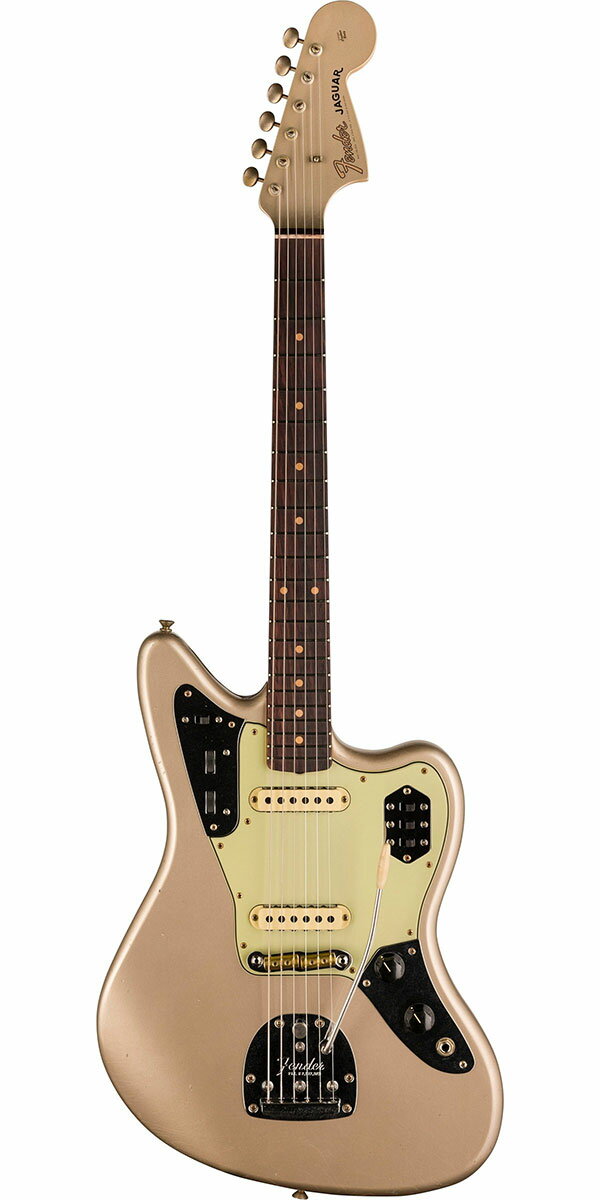 Description 1987年に設立され、最上級モデルを制作するために生まれたフェンダー・カスタム・ショップ（Fender Custom Shop）。マスタービルダーと呼ばれる巨匠達が製作を担当するマスタービルダー・シリーズやその他の多くのシリーズで厳選された木材選び、ピックアップのコイル巻きなど高い製作技術で作り上げられております。フェンダー社の長年の歴史と伝統が注ぎ込まれた世界中のミュージシャンから愛され続けるセクションです。 各年代ごとの特徴的なスペックを、カスタムショップならではの高い技術を持って再現したタイム・マシーン・シリーズ（Time Machine Series）。そんな『2024 Time Machine Collection』より「1964 JAGUAR JOURNEYMAN RELIC」のご紹介です。1962年、フェンダー社の最高級機種として発売され、サーフ・ミュージックとパンク・ロックの狭間で人気が高まっていったジャガー（Jaguar）。ボディには低～高音域までクセの無いサウンドをアウトプットする厳選された2ピース・アルダー、25.5インチ・スケールのネックには硬めでクリアかつ歯切れの良いリフトソウン・メイプル、22フレット仕様の指板には倍音豊かで優れたサスティーンを生む、1962年中期で終えたスラブ・ボードの次世代となるラウンド貼りローズウッドを採用。ネックシェイプは薄めに仕上げられた62年スタイルのグリップ、あらゆるプレイスタイルに最適な9.5Rの指板、フレットにはミディアム・ジャンボよりも少し幅が狭く高さのある「Narrow Tall」を採用するなどピッチの安定したスムーズなフィンガリングを可能にいたします。 ピックアップ・システムにはカスタム・ショップ製の「'62 Single-Coil Jaguar」を搭載し、エッジの立った切れの良いサウンドはまさにジャガー・サウンドというに相応しいサウンドで、アタック感のある高音域やまとまりのある中低音域、全体的に芯のあるバランスの取れたサウンドを奏でてくれます。またブリッジはヴィンテージ・スタイルのフローティング・トレモロを装備したRSDタイプを装備し、1～3弦、4～6弦を支えるしっかりと溝を確保した重厚感のある2-wayのブラスサドルによって、弦落ちを防ぐ利点とともに太く豊かな倍音を生み出します。エイジング処理は2015年、新たに加わった「ジャーニーマン・レリック」を施し、この特別な仕上げは、所有者が変わったり、または何年にもわたって受け継がれてきたりしたギターの外観を再現し、家や時折行われるジャムセッションや週末のギグで適度に使用されたような雰囲気をまとっております。手入れの行き届いた、軽いひび割れ、親しみが湧く木材の傷やへこみ、僅かなハードウェアの経年劣化など見事に再現した逸品でございます。お薦めのジャガーとなっております。 【Specification】 Body Shape: Jaguar Body Material: 2-Piece Select Alder Body Finish: Nitrocellulose Lacquer Neck Material: Rift Sawn Maple Neck Shape: 1962 Jaguar Scale Length: 24" (60.96 cm) Fingerboard Radius: 9.5" (241 mm) Number of Frets: 22 Fret Size: Narrow Tall (6105) String Nut: Bone Nut Width: 1.650" (42 mm) Headstock: Jaguar Neck Plate: 4-Bolt with Custom Shop "V" Logo, Serialized Neck Finish: Nitrocellulose Lacquer Fingerboard: 3A Rosewood Position Inlays: Vintage Clay Dot Bridge Pickup: Custom Shop '62 Single-Coil Jaguar Neck Pickup: Custom Shop '62 Single-Coil Jaguar Controls: Master Volume, Master Tone Pickup Switching: 2-On/Off Slide Switches, One for Each Pickup Pickup Configuration: SS Special Electronics: 2-Position Slide Switch for Bass-Cut "Strangle" Circuit Bridge: RSD Jaguar/Jazzmaster Tuning Machines: Vintage-Style with Fender Logo Orientation: Right-Hand Hardware Finish: Nickel/Chrome Pickguard: 3-Ply Mint Green Control Knobs: Black Plastic Strings: Nickel Plated Steel (.010-.046 Gauges) Included Accessories: Deluxe Hardshell Case, Strap and Certificate of Authenticity.※画像はサンプルです。商品の特性上、木目・色合いは1本1本異なりますの予めご了承ください。木目・色合いが気になる方はお問い合わせ下さい。