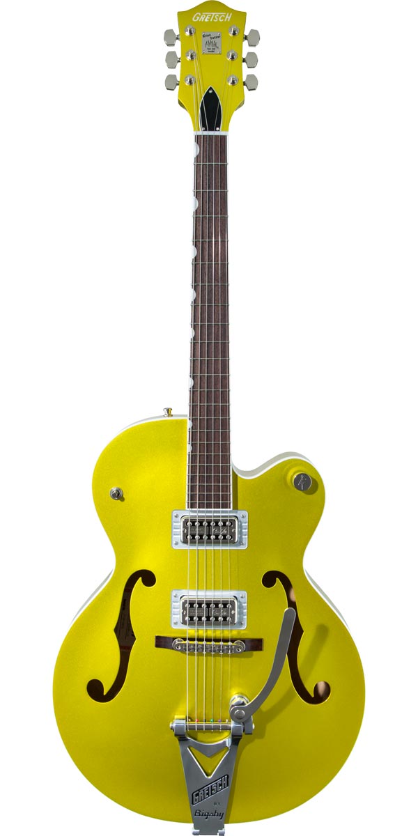 Description 非常に古い歴史を持ちエレキギター界の老舗ブランド「Gretsch（グレッチ）」。1883年、フリードリヒ・グレッチュ、フレデリック・グレッチとともにブルックリンにて創業し、もともとはバンジョー、タンブリン、ドラムを取り扱っていたブランドです。1960年代後半に一度挫折を味わうも復活を遂げ、今もなお根強いファンが多く魅了し続ける大手ギター・メーカーとなっております。 ストレイ・キャッツ（Stray Cats）やソロ等で活躍し、グレッチ・ブランドを世に広めたトレードマークと言っても過言ではないブライアン・セッツァー（Brian Setzer）。本作は16インチ幅のナッシュビル・スタイルのシングル・カッタウェイ・ホロウ・ボディーに24.6インチ・スケールを採用したモデルで、2.5インチのボディ厚と1959年スタイルのトレッスル・ブレイシング、ウッドマテリアルはボディとネックに硬めでクリアかつ歯切れの良いメイプル材、22フレット仕様の指板には倍音豊かで優れたサスティーンを生むローズウッドを採用。ネックシェイプはヴィンテージVのグリップ、指板はどこのポジションでもスムーズなフィンガリングを可能にするコンパウンド・ラジアスを採用するなど演奏性は快適です。 ピックアップ・システムにはTVジョーンズ製「Brian Setzer Signature Filter'Tron」を搭載し、明瞭な高音域とパンチの効いた低音域を生み出します。コントロールはシンプルに1ボリュームのみで直感的な操作性を実現し、トレブル・ブリード・サーキットも装備されておりますので、ボリュームを絞った時に生じる高域の音痩せを防ぎ、ボリュームにかかわらずクリスピーなサウンドを保持いたします。またペグはロック式を装備し、弦交換が容易に行える仕様で、アジャストマティック・ブリッジを組み合わせたピンド・ローズウッド・ベース、デルリン素材のナットと相まってチューニング安定性も向上し、プレイヤー目線のスペックも魅力でございます。ブライアン・セッツァーの拘りの詰まったモデルに仕上がっております。 Specification Build: Hollow Body Body Finish: Gloss Body Shape: Nashville / G6120 Body Material: Laminated Maple Bracing: 1959 Trestle Bracing Body Binding: White Body Back: Arched Laminated Maple Body Top: Arched Laminated Maple Body Depth: 2.5" (63.5 mm) Neck Material: Maple Neck Finish: Gloss Neck Shape: Vintage "V" Neck Binding: White Scale Length: 24.6" (625 mm) Fingerboard Radius: 9.5"-12" Compound Radius (241 mm-305 mm) Fingerboard Material: Rosewood Number of Frets: 22 Fret Size: Medium Jumbo Nut Material: Delrin Nut Width: 1.6875" (42.86 mm) Position Inlays: Pearloid Neo-Classic Thumbnail Neck Plate: None Bridge Pickup: TV Jones Brian Setzer Signature Filter'Tron Neck Pickup: TV Jones Brian Setzer Signature Filter'Tron Controls: Master Volume Pickup Switching: 3-Position Toggle: Position 1. Bridge Pickup, Position 2. Bridge and Neck Pickups, Position 3. Neck Pickup Pickup Configuration: Filter'Tron / Filter'Tron Bridge: Adjusto-Matic with Pinned Rosewood Base Hardware Finish: Nickel Tailpiece: Bigsby B6C Tuning Machines: Gotoh Locking Pickguard: None Control Knobs: G-Arrow Strings: Nickel: Plated Steel (.010-.046 Gauges) Strap Buttons: Strap Locks Case/Gig Bag: Included G6241 Gretsch 16" Deluxe Hollow Body Hardshell (p/n 099-6411-000); Optional G2162 Gretsch Hollow Body Gig Bag (p/n 099-6458-000)※画像はサンプルです。商品の特性上、木目・色合いは1本1本異なりますの予めご了承ください。木目・色合いが気になる方はお問い合わせ下さい。