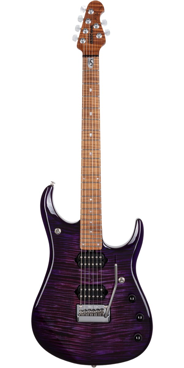 Description 1972年にレオ・フェンダーを始めとするFender関係者によって立ち上げられ、1984年正式に創設されたミュージックマン（MUSICMAN）。ドリーム・シアター（Dream Theater）やソロ等で活躍するジョン・ペトルーシ（John Petrucci）の6弦シグネチャー・モデル「JP15 6」のご紹介です。 2015年、新たなシグネチャー・モデルとして発表された「JP15」、2022年新たなカラーとして「Purple Nebula」が登場いたしました。トップにはフレイム杢が美しく浮き出た極上のメイプル材をセレクトし、バックにはマホガニーに似た軽量木材でよく粘る豊かなサウンドを響かせるオクメ、25.5インチ・スケールのネックと24フレット仕様の指板には厳選されたフィギュアド・ローステッド・メイプルを採用。ネックのローステッド・メイプル材は無酸素の状態で木材を加熱（200℃程度）し、水分を飛ばしつつ安定した材に仕上げたメイプル材で非常に強度に優れ、ネック反りなどに強く抜群のコンディションを保ってくれます。また1stフレットの「JP15」インレイ、音抜けを抜群にアップするミディアム・ジャンボ・サイズのステンレス・フレットなど至れり尽くせりな豪華なスペックと言えます。 ピックアップ・システムにはディマジオ製「Illuminator」を2基搭載し、素晴らしいクリーン・トーン、輪郭を失わないウォームなハイ・ゲイン・サウンドが特徴的です。またボリューム・ノブをプッシュすることでゲイン・ブースト可能なカスタム・ミュージックマン・アクティヴ・プリアンプも装備し、リードプレイで威力を発揮。さらにピエゾ・ピックアップ・システムが搭載されたオリジナル・トレモロ・ユニットを装備するなど、さらなるサウンドの幅が広がっている点も見逃せません。マグネチックとピエゾ両方のピックアップをミックスしたサウンドと、2系統を個別に出力したサウンドなど多彩なサウンド・バリエーションを実現しております。体にフィットするようデザインされたボディ、長時間のプレイでもストレスを感じさせることのないネック・グリップなど高い演奏性を実現したプレイアビリティ溢れるモデルです。拘り抜いた操作性やサウンド、ジョン・ペトルーシ・ファンのみならず、ミュージックマン社が世界に向けて放つ最高峰のグレードを感じられるモデルに仕上がっております。 Specification Model: JP15 6 Size: 12-3/8" wide, 1-3/4" thick, 37" long (31.4 cm wide, 4.5 cm thick, 94.0 cm long) Body Wood: Okoume with maple top (roasted maple top on Sahara Burst and Tiger Eye) Body Finish: Matte Polyester - Sahara Burst & Trans Black Burst; High Gloss Polyester - Cerulean Paradise, Tiger Eye, Purple Nebula Body Colors: Sahara Burst, Trans Black Burst, Cerulean Paradise, Tiger Eye, Purple Nebula Bridge: Custom John Petrucci Music Man Piezo floating tremolo, made of chrome plated (matte black on trans black burst), Fishman Powerbridge piezo saddles Scale Length: 25-1/2" (64.8 cm) Neck Radius: 17" (43.2 cm) Headstock Size: Only 5-7/8" (14.9 cm) long Frets: 24 - Medium Jumbo profile, Stainless Steel Neck Width: 1-11/16" (43.0 mm) at nut, 2-1/4" (57.2 mm) at last fret Neck Wood: Figured roasted maple neck Fingerboard: Figured roasted maple neck Fret Markers: Custom JP15 Inlays Neck Finish: Gunstock oil and hand-rubbed special wax blend Tuning Machines: Schaller M6-IND locking with pearl buttons (black buttons on trans black burst) Truss Rod: Adjustable - no component or string removal Neck Attachment: 5 bolts - Sculpted neck joint allows smooth access to higher frets Electronic Shielding: Graphite acrylic resin coated body cavity and aluminum control cover Controls: Custom Music Man active preamp; push/push volume for gain boost, 500kohm push/push passive tone for custom 2 pickup configurations - .022?F tone capacitor Switching: 3-way toggle pickup selector, with custom center position configuration; 3-way toggle piezo/magnetic selector Pickups: HH - DiMarzio Illuminators; Fishman Powerbridge piezo saddles Strings: 10p-13p-17p-26-36-46 (RPS 10 Slinkys #2240)※画像はサンプルです。商品の特性上、木目・色合いは1本1本異なりますの予めご了承ください。木目・色合いが気になる方はお問い合わせ下さい。