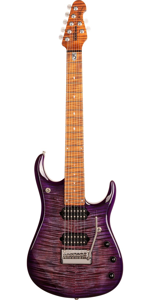 Description 1972年にレオ・フェンダーを始めとするFender関係者によって立ち上げられ、1984年正式に創設されたミュージックマン（MUSICMAN）。ドリーム・シアター（Dream Theater）やソロ等で活躍するジョン・ペトルーシ（John Petrucci）の7弦シグネチャー・モデル「JP15 7」のご紹介です。 2015年、新たなシグネチャー・モデルとして発表された「JP15」、2022年新たなカラーとして「Purple Nebula」が登場いたしました。トップにはフレイム杢が美しく浮き出た極上のメイプル材をセレクトし、バックにはマホガニーに似た軽量木材でよく粘る豊かなサウンドを響かせるオクメ、25.5インチ・スケールのネックと24フレット仕様の指板には厳選されたフィギュアド・ローステッド・メイプルを採用。ネックのローステッド・メイプル材は無酸素の状態で木材を加熱（200℃程度）し、水分を飛ばしつつ安定した材に仕上げたメイプル材で非常に強度に優れ、ネック反りなどに強く抜群のコンディションを保ってくれます。また1stフレットの「JP15」インレイ、音抜けを抜群にアップするミディアム・ジャンボ・サイズのステンレス・フレットなど至れり尽くせりな豪華なスペックと言えます。 ピックアップ・システムにはディマジオ製「Illuminator」を2基搭載し、素晴らしいクリーン・トーン、輪郭を失わないウォームなハイ・ゲイン・サウンドが特徴的です。またボリューム・ノブをプッシュすることでゲイン・ブースト可能なカスタム・ミュージックマン・アクティヴ・プリアンプも装備し、リードプレイで威力を発揮。さらにピエゾ・ピックアップ・システムが搭載されたオリジナル・トレモロ・ユニットを装備するなど、さらなるサウンドの幅が広がっている点も見逃せません。マグネチックとピエゾ両方のピックアップをミックスしたサウンドと、2系統を個別に出力したサウンドなど多彩なサウンド・バリエーションを実現しております。体にフィットするようデザインされたボディ、長時間のプレイでもストレスを感じさせることのないネック・グリップなど高い演奏性を実現したプレイアビリティ溢れるモデルです。拘り抜いた操作性やサウンド、ジョン・ペトルーシ・ファンのみならず、ミュージックマン社が世界に向けて放つ最高峰のグレードを感じられるモデルに仕上がっております。 Specification Model: JP15 7 Size: 12-1/2" wide, 1-3/4" thick, 38" long (31.8 cm wide, 4.5 cm thick, 96.5 cm long) Body Wood: Okoume with maple top (roasted maple top on Sahara Burst and Tiger Eye) Body Finish: Matte Polyester - Sahara Burst & Trans Black Burst; High Gloss Polyester - Cerulean Paradise, Tiger Eye, Purple Nebula Body Colors: Sahara Burst, Trans Black Burst, Cerulean Paradise Bridge: Custom John Petrucci Music Man? Piezo floating tremolo, made of chrome plated (matte black on trans black burst), hardened steel with Fishman Powerbridge piezo saddles Scale Length: 25-1/2" (64.8 cm) Neck Radius: 17" (43.2 cm) Headstock Size: Only 6-7/8" (17.5 cm) long Frets: 24 - Medium Jumbo profile, Stainless Steel Neck Width: 1-7/8" (47.6 mm) at nut, 2-19/32" (65.9 mm) at last fret Neck Wood: Figured roasted maple neck Fingerboard: Figured roasted maple neck Fret Markers: Custom JP15 Inlays Neck Finish: Gunstock oil and hand-rubbed special wax blend Tuning Machines: Schaller M6-IND locking with pearl buttons (black buttons on trans black burst) Truss Rod: Adjustable - no component or string removal Neck Attachment: 5 bolts - Sculpted neck joint allows smooth access to higher frets Electronic Shielding: Graphite acrylic resin coated body cavity and aluminum control cover Controls: Custom Music Man? active preamp; push/push volume for gain boost, 500kohm push/push passive tone for custom 2 pickup configurations - .022?F tone capacitor Switching: 3-way toggle pickup selector, with custom center position configuration; 3-way toggle piezo/magnetic selector Pickups: HH - DiMarzio Illuminators; Piezo bridge pickup; Fishman Powerbridge piezo saddles Strings: 10p-13p-17p-26-36-46-56 (RPS 10 Slinkys #2240 with added P01156)※画像はサンプルです。商品の特性上、木目・色合いは1本1本異なりますの予めご了承ください。木目・色合いが気になる方はお問い合わせ下さい。