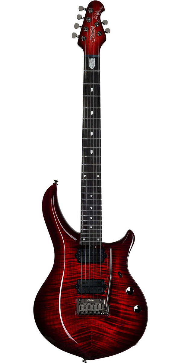 Description レオ・フェンダーが創業したMUSICMANの姉妹ブランドとして設立された「Sterling by MUSIC MAN（スターリン・バイ・ミュージックマン）」。ドリーム・シアター（Dream Theater）やソロ等で活躍するジョン・ペトルーシ（John Petrucci）のシグネチャー・モデル「MAJ200XFM」のご紹介です。 ミュージックマンの『Majesty Monarchy 6』を継承したモデルで、トップには上質なフレイム・メイプルをセレクトし、バックと25.5インチ・スケールのネックには中音域豊かで上品な甘いトーンをアウトプットするマホガニー材、24フレット仕様の指板には響きの良い高音域を奏でてくれるエボニーを採用。ピックアップ・システムにはJPモデルでお馴染みのディマジオ製「LiquiFire」「Crunch Lab」の組み合わせを搭載し、ペトルーシ・サウンドを再現すべく非常に太くヘヴィなサウンドを奏でることが可能です。またコントロールは1ボリューム、1トーン、3ウェイ・トグル・スイッチを装備。さらにボリューム・ノブをプッシュすることでゲイン・ブースト可能な12dBアクティヴ・ブースト機能も装備し、リードプレイで威力を発揮するプレイアビリティ溢れるスペックです。滑らかなアーミング可能な2点支持のモダン・トレモロ、ペグにはチューニングの狂いを最小限に抑えるロッキング・チューナーを搭載し、スピーディーな弦交換をお約束。アジアで生産することにより圧倒的なコストパフォーマンスを実現したモデルですが、本家USAにも負けない高いクオリティと演奏性を可能したモデルに仕上がっております。 Specification Model: MAJ200XFM Body Wood: Mahogany w/ Flame Maple Top Body Color: Royal Red (RRD), Majestic Purple (MPP) Bridge: Modern Tremolo Pickguard: N/A Scale Length: 25.5" (64.8cm) Neck Radius: 16" (40cm) Frets: 24 Stainless Steel Frets, Medium Jumbo Profile Neck Width: 1.65" (42mm) at Nut Neck Wood: 3-piece Mahogany Fingerboard: Ebony Fret MarkersC: Custom JP Inlays Tuning Machines: Locking Truss Rod: Dual Action Neck Attachment: Set-in Design Controls: 1 Push/Push Volume Boost, 1 Tone Switching: 3-Way Toggle Switch Pickups: DiMarzio LiquiFire, DiMarzio Crunch Lab (HH) Strings: Ernie Ball 2221 Regular Slinky Gig Bag: Deluxe Sterling by Music Man Bag※画像はサンプルです。商品の特性上、木目・色合いは1本1本異なりますの予めご了承ください。木目・色合いが気になる方はお問い合わせ下さい。