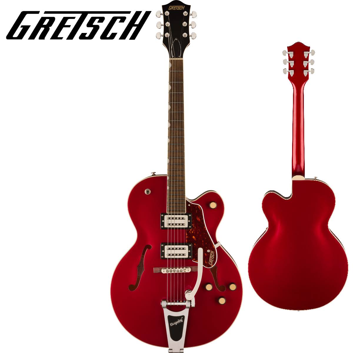 リフレッシュされたStreamliner Collectionは、Gretschギターの輝かしい過去の要素を再訪し、エキサイティングな新機能と組み合わせることで、優れたパフォーマンス、サウンド、スタイルを驚くべき価値で提供します。 G2420T Streamliner Hollow Body Single-Cut with Bigsbyは、高次元のサウンドとパフォーマンスを求める現代のギタリストのために設計されています。 G2420Tはモダンなサウンド、最新のエレクトロニクス、正真正銘のエレガントなスタイリングをフィーチャーし、"That Great Gretsch Sound!"を体現する、大胆なプレイヤーの欲求を満たすギターです。 【主な特徴】 ・新開発のBroadTron BT-3Sハムバッカーを搭載 ・フルホロウ構造のアーチドメイプルボディは、豊かな響きと深いレゾナンス、スケール感のあるビッグボディサウンドを実現 ・Soft "C"シェイプのナトーネック ・12インチラジアスローレル指板、パーロイドNeo Classicサムネイルインレイ、22本のミディアムジャンボフレットを採用 ・ボーンナット ・マスターボリューム、マスタートーン、各ピックアップのボリュームコントロールにより、柔軟なトーン設計が可能 ・マスターボリュームにPush/Pullコイルスプリット機能を内蔵 ・ラジオコントロールノブ ・固定式ローレルベース付きAdjusto-Maticブリッジ ・Bigsby B60ヴィブラートテイルピース ・3-plyべっ甲柄ピックガード ・ニッケルハードウェア 【ハイライト】 アーチドメイプルホロウボディ G2420T Streamliner Hollow Body Single-Cut with Bigsbyは、豊かな響きと深いレゾナンス、スケール感のあるビッグボディサウンドを実現するパラレルトーンバーを備えたフルホロウ構造のアーチドメイプルボディを採用しています。 新開発のBroadTron BT-3Sピックアップ G2420Tは、新開発のBroadTron BT-3Sピックアップを搭載しています。アルニコ5とアルニコ2を組み合わせたマグネットを採用し、力強いミッドレンジ、タイトでふくよかなローエンド、スムーズでクリアなハイエンドがバランス良く得られ、音楽的な響きを放つピックアップです。 コイルスプリットによる多彩なコントロール Streamlinerのパワフルなサウンドは、ネックとブリッジピックアップのボリュームコントロール、マスタートーンコントロール、マスターボリュームコントロール、3ウェイピックアップスイッチングという伝統的なコントロールレイアウトによって引き出されます。 マスターボリュームコントロールにPush/Pullポットを内蔵することでコイルスプリットが可能となり、シングルコイルサウンドに切り替えることが可能です。すでに強力なサウンドパレットにさらなるトーンオプションが得られます。 【SPEC】 ヘッドストックバインディング ネック：Nato ネックフィニッシュ：Gloss ネックシェイプ：Soft "C" ネック：Set-Neck フィンガーボードラジアス：12" (305 mm) フィンガーボードの素材：Laurel ポジションインレイ：Pearloid Neo-Classic Thumbnail サイドドット フレット数：22 ナット：Bone ナット幅：1.6875" (42.86 mm) ナットの素材：Bone ボディ：Laminated Maple ボディフィニッシュ：Gloss ボディシェイプ：Streamliner Hollow Body ボディトップ：Arched Laminated Maple ボディバインディング：Aged White with B/W/B Purfling ボディバック：Arched Laminated Maple BODY STYLE：Gretsch Hollow Body Guitars ボディ素材：Laminated Maple CUTAWAY：Single Cutaway ブレイシング：Parallel Tone Bars ウェイスト：9.75" (248 mm) SOUND HOLE：F-Holes ブリッジ：Adjusto-Matic ブリッジカバー/テイルピース：Bigsby B60 BRIDGE MOUNTING：Secured ピックガード：3-Ply Tortoise with Gold Gretsch Logo ピックアップカバー：Nickel コントロールノブ：Gretsch Radio Knob SWITCH TIP：Black ハードウェアフィニッシュ：Nickel チューニングマシーン：Die-Cast Sealed ストリング：Nickel Plated Steel (.010-.046 Gauges) ストラップボタン：Standard Strap Button ブリッジピックアップ：BroadTron BT-3S ネックピックアップ：BroadTron BT-3S ピックアップコンフィギュレーション：BroadTron / BroadTron コントロール：Volume 1. (Neck Pickup), Volume 2. (Bridge Pickup), Master Tone, Master Volume with Push/Pull for Coil Split スウィッチ：3-Position Toggle: Position 1. Bridge Pickup, Position 2. Bridge and Neck Pickups, Position 3. Neck Pickup AUXILIARY SWITCHING：Push/Pull Pot (for Coil Split) 付属品：正規保証書、純正ギグバッグ /_/_/_/♪出荷前調整のご要望承ります♪_/_/_/_/ ギタープラネットではご注文頂いた商品は 新品中古問わず検品・調整してから出荷致します。 弦高などの細かなセッティング等、お好みに 合わせての調整も可能ですので、お気兼ねなく お申し付けくださいませ。 /_/_/_/_/_/_/_/_/_/_/_/_/_/_/_/_/_/_/_/_/_/_ お問い合わせ:03-3259-0031