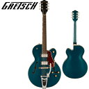 リフレッシュされたStreamliner Collectionは、Gretschギターの輝かしい過去の要素を再訪し、エキサイティングな新機能と組み合わせることで、優れたパフォーマンス、サウンド、スタイルを驚くべき価値で提供します。 G2420T Streamliner Hollow Body Single-Cut with Bigsbyは、高次元のサウンドとパフォーマンスを求める現代のギタリストのために設計されています。 G2420Tはモダンなサウンド、最新のエレクトロニクス、正真正銘のエレガントなスタイリングをフィーチャーし、"That Great Gretsch Sound!"を体現する、大胆なプレイヤーの欲求を満たすギターです。 【主な特徴】 ・新開発のBroadTron BT-3Sハムバッカーを搭載 ・フルホロウ構造のアーチドメイプルボディは、豊かな響きと深いレゾナンス、スケール感のあるビッグボディサウンドを実現 ・Soft "C"シェイプのナトーネック ・12インチラジアスローレル指板、パーロイドNeo Classicサムネイルインレイ、22本のミディアムジャンボフレットを採用 ・ボーンナット ・マスターボリューム、マスタートーン、各ピックアップのボリュームコントロールにより、柔軟なトーン設計が可能 ・マスターボリュームにPush/Pullコイルスプリット機能を内蔵 ・ラジオコントロールノブ ・固定式ローレルベース付きAdjusto-Maticブリッジ ・Bigsby B60ヴィブラートテイルピース ・3-plyべっ甲柄ピックガード ・ニッケルハードウェア 【ハイライト】 アーチドメイプルホロウボディ G2420T Streamliner Hollow Body Single-Cut with Bigsbyは、豊かな響きと深いレゾナンス、スケール感のあるビッグボディサウンドを実現するパラレルトーンバーを備えたフルホロウ構造のアーチドメイプルボディを採用しています。 新開発のBroadTron BT-3Sピックアップ G2420Tは、新開発のBroadTron BT-3Sピックアップを搭載しています。アルニコ5とアルニコ2を組み合わせたマグネットを採用し、力強いミッドレンジ、タイトでふくよかなローエンド、スムーズでクリアなハイエンドがバランス良く得られ、音楽的な響きを放つピックアップです。 コイルスプリットによる多彩なコントロール Streamlinerのパワフルなサウンドは、ネックとブリッジピックアップのボリュームコントロール、マスタートーンコントロール、マスターボリュームコントロール、3ウェイピックアップスイッチングという伝統的なコントロールレイアウトによって引き出されます。 マスターボリュームコントロールにPush/Pullポットを内蔵することでコイルスプリットが可能となり、シングルコイルサウンドに切り替えることが可能です。すでに強力なサウンドパレットにさらなるトーンオプションが得られます。 【SPEC】 ヘッドストックバインディング ネック：Nato ネックフィニッシュ：Gloss ネックシェイプ：Soft "C" ネック：Set-Neck フィンガーボードラジアス：12" (305 mm) フィンガーボードの素材：Laurel ポジションインレイ：Pearloid Neo-Classic Thumbnail サイドドット フレット数：22 ナット：Bone ナット幅：1.6875" (42.86 mm) ナットの素材：Bone ボディ：Laminated Maple ボディフィニッシュ：Gloss ボディシェイプ：Streamliner Hollow Body ボディトップ：Arched Laminated Maple ボディバインディング：Aged White with B/W/B Purfling ボディバック：Arched Laminated Maple BODY STYLE：Gretsch Hollow Body Guitars ボディ素材：Laminated Maple CUTAWAY：Single Cutaway ブレイシング：Parallel Tone Bars ウェイスト：9.75" (248 mm) SOUND HOLE：F-Holes ブリッジ：Adjusto-Matic ブリッジカバー/テイルピース：Bigsby B60 BRIDGE MOUNTING：Secured ピックガード：3-Ply Tortoise with Gold Gretsch Logo ピックアップカバー：Nickel コントロールノブ：Gretsch Radio Knob SWITCH TIP：Black ハードウェアフィニッシュ：Nickel チューニングマシーン：Die-Cast Sealed ストリング：Nickel Plated Steel (.010-.046 Gauges) ストラップボタン：Standard Strap Button ブリッジピックアップ：BroadTron BT-3S ネックピックアップ：BroadTron BT-3S ピックアップコンフィギュレーション：BroadTron / BroadTron コントロール：Volume 1. (Neck Pickup), Volume 2. (Bridge Pickup), Master Tone, Master Volume with Push/Pull for Coil Split スウィッチ：3-Position Toggle: Position 1. Bridge Pickup, Position 2. Bridge and Neck Pickups, Position 3. Neck Pickup AUXILIARY SWITCHING：Push/Pull Pot (for Coil Split) 付属品：正規保証書、純正ギグバッグ /_/_/_/♪出荷前調整のご要望承ります♪_/_/_/_/ ギタープラネットではご注文頂いた商品は 新品中古問わず検品・調整してから出荷致します。 弦高などの細かなセッティング等、お好みに 合わせての調整も可能ですので、お気兼ねなく お申し付けくださいませ。 /_/_/_/_/_/_/_/_/_/_/_/_/_/_/_/_/_/_/_/_/_/_ お問い合わせ:03-3259-0031