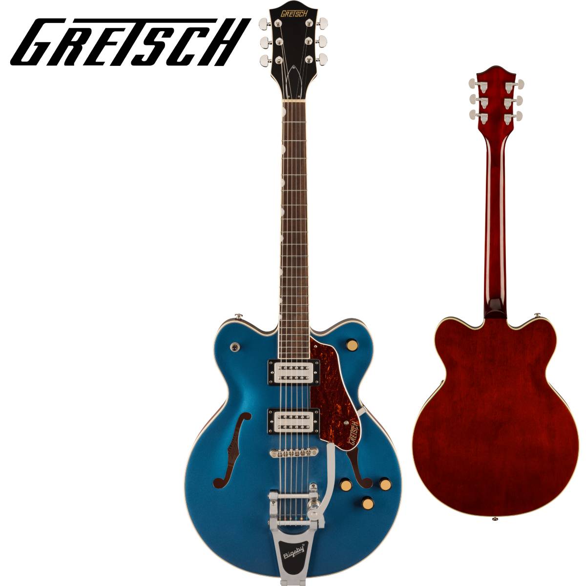 リフレッシュされたStreamliner Collectionは、Gretschギターの輝かしい過去の要素を再訪し、エキサイティングな新機能と組み合わせることで、優れたパフォーマンス、サウンド、スタイルを驚くべき価値で提供します。 G2622T Streamliner Center Block Double-Cut with Bigsbyは、パワフルなサウンドとGretschならではのスタイリングをよりコンパクトなサイズに収め、現代に甦らせました。 G2622Tは、グレッチに期待されるすべての要素を保ちつつ、楽器にワンランク上のパフォーマンス、スタイル、そしてより大きな音量感を求めるギタリストのために設計されています。 【主な特徴】 ・新開発のBroadTron BT-3Sハムバッカーを搭載 ・ダブルカッタウェイの16インチアーチドメイプルボディ、チャンバードセンターブロックを採用 ・Soft "C"シェイプのナトーネック ・12インチラジアスローレル指板、パーロイドNeo Classicサムネイルインレイ、22本のミディアムジャンボフレットを採用 ・ボーンナット ・マスターボリューム、マスタートーン、各ピックアップのボリュームコントロールにより、柔軟なトーン設計が可能 ・マスターボリュームにPush/Pullコイルスプリット機能を内蔵 ・ラジオコントロールノブ ・アンカー付きAdjusto-Maticブリッジ ・Bigsby B70ヴィブラートテイルピース ・3-plyべっ甲柄ピックガード ・ニッケルハードウェア 【ハイライト】 新しいセンターブロックデザインのメイプルボディ G2622 Center Blockは、アーチドメイプルボディに、新しいセンターブロックデザインを採用しています。この新しいセンターブロックは、軽量で快適な演奏性と存在感のあるフルでリッチなサウンドを両立するように設計されており、アタックとサスティンを向上させ、優れたフィードバック抑制効果を、重さを感じさせない快適なギターにまとめ上げています。 新開発のBroadTron BT-3Sピックアップ G2622は、新開発のBroadTron BT-3Sピックアップを搭載しています。アルニコ5とアルニコ2を組み合わせたマグネットを採用し、力強いミッドレンジ、タイトでふくよかなローエンド、スムーズでクリアなハイエンドがバランス良く得られ、音楽的な響きを放つピックアップです。 コイルスプリットによる多彩なコントロール Streamlinerのパワフルなサウンドは、ネックとブリッジピックアップのボリュームコントロール、マスタートーンコントロール、マスターボリュームコントロール、3ウェイピックアップスイッチングという伝統的なコントロールレイアウトによって引き出されます。 マスターボリュームコントロールにPush/Pullポットを内蔵することでコイルスプリットが可能となり、シングルコイルサウンドに切り替えることが可能です。すでに強力なサウンドパレットにさらなるトーンオプションが得られます。 【SPEC】 ヘッドストックバインディング ネック：Nato ネックフィニッシュ：Gloss ネックシェイプ：Soft "C" ネック：Set-Neck フィンガーボードラジアス：12" (305 mm) フィンガーボードの素材：Laurel ポジションインレイ：Pearloid Neo-Classic Thumbnail サイドドット フレット数：22 ナット：Bone ナット幅：1.6875" (42.86 mm) ナットの素材：Bone ボディ：Laminated Maple ボディフィニッシュ：Gloss ボディシェイプ：Center Block ボディトップ：Arched Laminated Maple ボディバインディング：Aged White with B/W/B Purfling ボディバック：Arched Laminated Maple BODY STYLE：Gretsch Center Block Guitars ボディ素材：Laminated Maple CUTAWAY：Double Cutaway ブレイシング：Center Block ウェイスト：9.75" (248 mm) SOUND HOLE：F-Holes ブリッジ：Adjusto-Matic ブリッジカバー/テイルピース：Bigsby B70 BRIDGE MOUNTING：Anchored ピックガード：3-Ply Tortoise ピックアップカバー：Nickel コントロールノブ：Gretsch Radio Knob SWITCH TIP：Black ハードウェアフィニッシュ：Nickel チューニングマシーン：Die-Cast Sealed ストリング：Nickel Plated Steel (.010-.046 Gauges) ストラップボタン：Standard Strap Button ブリッジピックアップ：BroadTron BT-3S ネックピックアップ：BroadTron BT-3S ピックアップコンフィギュレーション：BroadTron / BroadTron コントロール：Volume 1. (Neck Pickup), Volume 2. (Bridge Pickup), Master Tone, Master Volume with Push/Pull for Coil Split スウィッチ：3-Position Toggle: Position 1. Bridge Pickup, Position 2. Bridge And Neck Pickups, Position 3. Neck Pickup AUXILIARY SWITCHING：Push/Pull Pot (for Coil Split) 付属品：正規保証書、純正ギグバッグ /_/_/_/♪出荷前調整のご要望承ります♪_/_/_/_/ ギタープラネットではご注文頂いた商品は 新品中古問わず検品・調整してから出荷致します。 弦高などの細かなセッティング等、お好みに 合わせての調整も可能ですので、お気兼ねなく お申し付けくださいませ。 /_/_/_/_/_/_/_/_/_/_/_/_/_/_/_/_/_/_/_/_/_/_ お問い合わせ:03-3259-0031