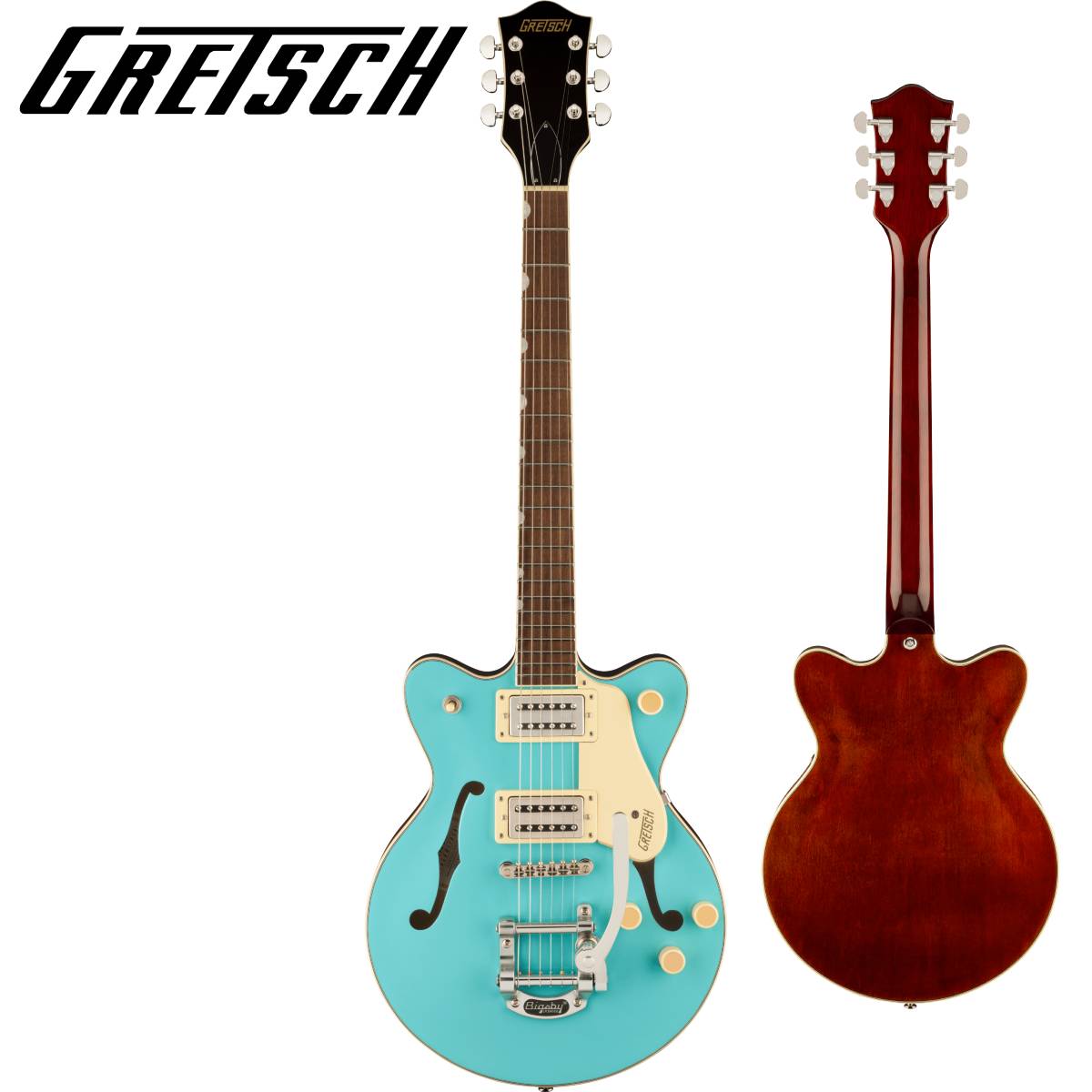 リフレッシュされたStreamliner Collectionは、Gretschギターの輝かしい過去の要素を再訪し、エキサイティングな新機能と組み合わせることで、優れたパフォーマンス、サウンド、スタイルを驚くべき価値で提供します。 G2655T Streamliner Center Block Jr. Double-Cut with Bigsbyは、パワフルなサウンドとGretschならではのスタイリングをよりコンパクトなサイズに収め、現代に甦らせました。 G2655Tは、グレッチに期待されるすべての要素を保ちつつ、楽器にワンランク上のパフォーマンス、スタイル、そしてより大きな音量感を求めるギタリストのために設計されています。 【主な特徴】 新開発のBroadTron BT-3Sハムバッカーを搭載 ダブルカッタウェイのアーチドメイプルボディにチェンバードセンターブロックを採用 Soft "C"シェイプのナトーネック 12インチラジアスローレル指板、パーロイドNeo Classicサムネイルインレイ、22本のミディアムジャンボフレットを採用 ボーンナット マスターボリューム、マスタートーン、各ピックアップのボリュームコントロールにより、柔軟なトーン設計が可能 マスターボリュームにPush/Pullコイルスプリット機能を内蔵 ラジオコントロールノブ アンカー付きAdjusto-Maticブリッジ Bigsby B50ヴィブラートテイルピース 1-plyクリームピックガード ニッケルハードウェア 【ハイライト】 新しいセンターブロックデザインのメイプルボディ G2655T Center Block Jr.は、小さめのアーチドメイプルボディに、新しいセンターブロックデザインを採用しています。この新しいセンターブロックは、軽量で快適な演奏性と存在感のあるフルでリッチなサウンドを両立するように設計されており、アタックとサスティンを向上させ、優れたフィードバック抑制効果を、重さを感じさせない快適なギターにまとめ上げています。 新開発のBroadTron BT-3Sピックアップ G2655Tは、新開発のBroadTron BT-3Sピックアップを搭載しています。アルニコ5とアルニコ2を組み合わせたマグネットを採用し、力強いミッドレンジ、タイトでふくよかなローエンド、スムーズでクリアなハイエンドがバランス良く得られ、音楽的な響きを放つピックアップです。 コイルスプリットによる多彩なコントロール Streamlinerのパワフルなサウンドは、ネックとブリッジピックアップのボリュームコントロール、マスタートーンコントロール、マスターボリュームコントロール、3ウェイピックアップスイッチングという伝統的なコントロールレイアウトによって引き出されます。 マスターボリュームコントロールにPush/Pullポットを内蔵することでコイルスプリットが可能となり、シングルコイルサウンドに切り替えることが可能です。すでに強力なサウンドパレットにさらなるトーンオプションが得られます。 【SPEC】 ヘッドストックバインディング ネック：Nato ネックフィニッシュ：Gloss ネックシェイプ：Soft "C" ネック：Set-Neck フィンガーボードラジアス：12" (305 mm) フィンガーボードの素材：Laurel ポジションインレイ：Pearloid Neo-Classic Thumbnail サイドドット フレット数：22 ナット：Bone ナット幅：1.6875" (42.86 mm) ナットの素材：Bone ボディ：Laminated Maple ボディフィニッシュ：Gloss ボディシェイプ：Streamliner Center Block Jr. ボディトップ：Arched Laminated Maple ボディバインディング：Aged White ボディバック：Arched Laminated Maple BODY STYLE：Gretsch Center Block Guitars ボディ素材：Laminated Maple CUTAWAY：Double Cutaway ブレイシング：Center Block ウェイスト：8.625" (219.08 mm) SOUND HOLE：F-Holes ブリッジ：Adjusto-Matic ブリッジカバー/テイルピース：Bigsby B50 BRIDGE MOUNTING：Anchored ピックガード：1-Ply Cream with Gold Gretsch Logo ピックアップカバー：Nickel コントロールノブ：Gretsch Radio Knob SWITCH TIP：Cream ハードウェアフィニッシュ：Nickel チューニングマシーン：Die-Cast Sealed ストリング：Nickel Plated Steel (.010-.046 Gauges) ストラップボタン：Standard Strap Button ブリッジピックアップ：BroadTron BT-3S ネックピックアップ：BroadTron BT-3S ピックアップコンフィギュレーション：BroadTron / BroadTron コントロール：Volume 1. (Neck Pickup), Volume 2. (Bridge Pickup), Master Tone, Master Volume with Push/Pull for Coil Split スウィッチ：3-Position Toggle: Position 1. Bridge Pickup, Position 2. Bridge And Neck Pickups, Position 3. Neck Pickup AUXILIARY SWITCHING：Push/Pull Pot (for Coil Split) 付属品：正規保証書、純正ギグバッグ /_/_/_/♪出荷前調整のご要望承ります♪_/_/_/_/ ギタープラネットではご注文頂いた商品は 新品中古問わず検品・調整してから出荷致します。 弦高などの細かなセッティング等、お好みに 合わせての調整も可能ですので、お気兼ねなく お申し付けくださいませ。 /_/_/_/_/_/_/_/_/_/_/_/_/_/_/_/_/_/_/_/_/_/_ お問い合わせ:03-3259-0031