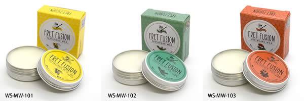 自然由来成分で楽器をケア FRET FUSION FRETBOARD WAX はミツバチの巣から採取した天然の未ざらし蜜蝋に、うるおい成分として人の皮脂にも含まれる、浸透性・湿潤性に優れたスクワランを配合した天然の蜜蝋ワックス。 楽器の指板に塗布することで油膜が作られ、保湿、潤滑作用、汚れがつきにくくなるなど、様々な効果が期待できます。 FRET FUSIONは、日本国内の老舗油脂蝋専門業者にて、保存料や添加物などは一切使用せず、100％自然由来のもので生産されたワックスです。 容量：30ml (水よりも軽い比重の為、30ml入りですが30gにはなりません) WS-MW-101(無香料) 原材料：蜜蝋・スクワランオイル(動物性) 【無香料】 天然のミツバチの巣から採取した、未ざらし蜜蝋とうるおい成分であるスクワランのみを使用した無香料タイプ。 WS-MW-102(ひば) 原材料：蜜蝋・スクワランオイル(動物性)・精油(ひば) 【ひば】 青森ヒバから抽出した精油を配合した、ヒノキのような深い森の針葉樹の香りに加え、含有するヒノキチオール成分には抗菌作用と消臭効果があります。 WS-MW-103(ゼラニウム) 原材料：蜜蝋・スクワランオイル(動物性)・精油(ゼラニウム) 【ゼラニウム】 華やかで透明感のある甘い香りが特徴です。ゼラニウムの香りにはストレスを和らげ心のバランスを保つリラックス効果や抗菌効果を持ち合わせています。 お問い合わせフリーダイヤル：0120-37-9630