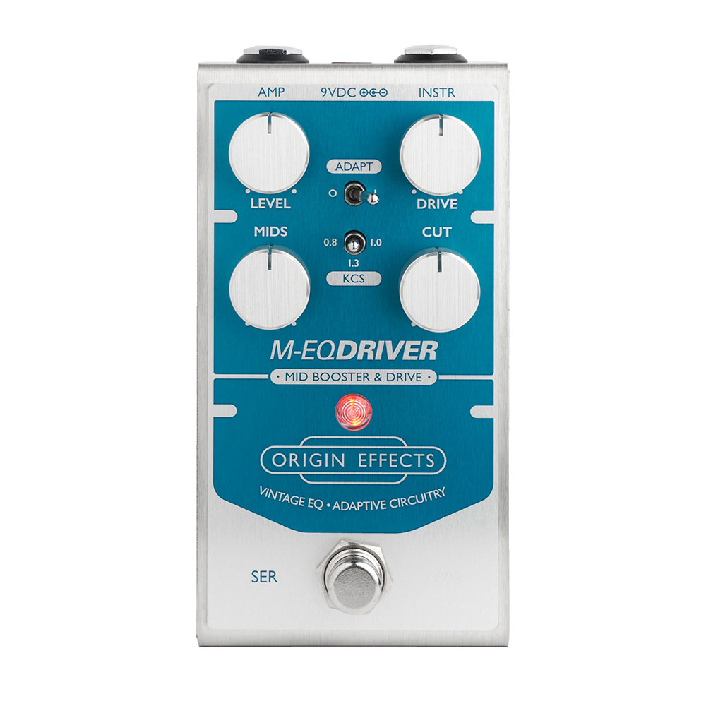 ORIGIN EFFECTS M-EQ DRIVER MID BOOST, OVERDRIVE AND VINTAGE STUDIO MOJO M-EQ DRIVERは、ヴィンテージのPultecスタジオEQの音楽的なイコライジングをベースに設計されたミッドブースター＆ドライブペダルです。 この1950年代の伝説的なパッシブEQは今日のプロフェッショナルな現場でも求められており、非常に音楽的で用途の広いEQカーブとプッシュプル出力ステージをオーバードライブする独特な仕様を持ち、何千ものヒットレコードでそのサウンドを聞くことができます。 ORIGIN EFFECTSは正確なレプリカを作るのではなく、このクラシックなスタジオギアをギター向けのコンパクトなペダルとして再構築することにしました。 完璧なミッドブーストとスタジオクオリティのサチュレーション、真空管のような出力段を備え、ハードな ”半止めワウ”ディストーションをアウトプットします。 アダプティブ回路を追加したことで、M-EQ DRIVERのレスポンスをコントロールし常に精度の高い独自のキャラクターを生み出すことに成功しました。 主な特徴 1950年代のPultecスタジオEQをベースに設計 ミッドブースト周波数の選択 ダイナミクスに応じてレスポンスが変化するアダプティブカットコントロール トランス搭載回路 真空管のようなプッシュプル出力段 ウルトラハイインプットインピーダンス 高品質のバッファードバイパス 筐体からパーツまで全てがプレミアムコンポーネント 英国内で設計、デザイン、製造 オリジナルのPultecスタジオEQは、最も自然で音楽的なEQカーブをいくつか備えていることで有名です。 ORIGIN EFFECTSはこの時代を超越したパッシブEQの動作を再現しエレクトリックギター用に最適化しました。 ギターシグナルの適切な部分だけをブーストしていることを確認するために、M-EQ DRIVERでは0.8、1.0、1.3（kHz）の3つからミッドブースト周波数を選択することができます （本体に記載されているKCSという単位表記はかつてのキロサイクル/秒のこと）。 この用途の広いミッドブーストはあらゆる種類のギターとの互換性を保証するだけでなく、より強くプッシュすることでクラシックなミッドブーストオーバードライブから猛烈で共鳴するディストーショントーンまで、サチュレーションの範囲を引き出すことができます。 慎重に開発されたトランスを搭載した回路は、オリジナルのビンテージPultecスタジオEQの音響特性を忠実に再現し豊かな倍音をサウンドに付加します。 MIDSノブとDRIVEコントロールと組み合わせて使用すると、ミッドブーストとオーバードライブのバランスを取りながらクリーンまたはオーバードライブのトーンに必要なだけミッドエンファシスを与えることができます。 ORIGIN EFFECTSはこのクラシックなデザインに新しいものを追加するために、M-EQ DRIVERにアダプティブ回路を装備しCUTコントロールを追加しました。 PultecスタジオEQの高域減衰帯域に基づいて、M-EQ DRIVERのCUTコントロールは高音域が増加するにつれて徐々に高音域をカットします。 ADAPTスイッチをオンにするとペダルがクリーンアップするにつれてこのハイエンドのロールオフが減少し、ギターのボリュームノブを調整したり演奏にダイナミクスをつけることでウォームなオーバードライブから明るいクリーントーンへとスムーズに移行することができます。 製品仕様 Weight：500 g (18oz) Dimensions：124 × 58 × 64 mm (4.8 x 2.5 x 2.3 in.) L x W x H - Includes knobs and switches Input Impedance：1 MΩ Output Impedance：1 kΩ Current Draw：80 mA 9VDC（min80mA）アダプター駆動 （アダプターは付属しません） お問い合わせ：03-3259-0031