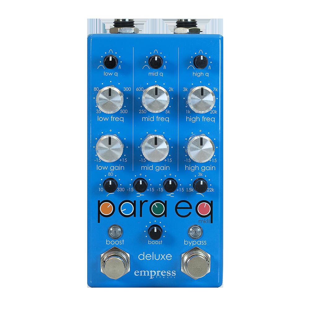 連続可変のQコントロールにフィルター&トーンを追加した最高音質のEQペダル。 EQ w/ Boost Pedal (Deluxe Version) Empress Effects ParaEQ MKII Deluxeは、最もパーフェクトなパラメトリックEQペダルです。 サウンドを一切マスクすることなく的確なイコライジングが可能です。 エンプレスならではの高品位サウンドはMKIIで更に強力にアップグレードされています。 内部昇圧28Vの駆動回路は、レコーディング機器にも匹敵する ヘッドルームと108dBものSN比を実現しています。 トランスペアレントな音質と多彩なコントロールによって、 どんな楽器に対しても精巧でスウィートなイコライジングを可能にします。 また、音質を一切失うことのない+30dBのクリーンブースターは、 独立したフットスイッチでオン/オフが可能です。 デラックス・バージョンでは、 正確なパラメトリック・コントロールを可能にする連続可変のQコントロール、 さらに追加のフィルター&トーンセクション （ハイ＆ローパスフィルター、ハイ＆ロー・トーンコントロール）を備え、 究極のトーン・シェイピングを可能にしています。 【ParaEQ MKII Deluxeの主な特徴】 1.The #1 EQ pedal returns - better than ever 最高の音質と機能性で定番だったEmpress EffectsのパラメトリックEQペダルが、 画期的なアップグレードを遂げて帰ってきました。 オリジナルParaEqの魅力はそのままに、 さらに忠実なサウンドとコントロールが可能になりました。 2.More Sweetness デラックスバージョンでは追加のフィルターセクションを装備。 高域と低域のシェルビングを調整するBaxandall トーンコントロール、 そしてハイパス＆ローパス・フィルターでトーンを豊かに彩ることができます。 3.More Power ParaEq MKIIペダルは内部28V昇圧で動作し、 不要なクリッピングの一切ないクリーンなヘッドルームを提供します。 4.More Purity グラフィックEQとは異なり、最小限の回路トポロジーで、 音質を全く劣化させることなく、究極のトーンシェイピングを実行できます。 【機能詳細】 Empress ParaEQ MKIIの各バンドの周波数帯域は、 それぞれに周波数がクロスしているため、 フレキシブルなイコライジングが可能になっています。 ・low freq 35Hz～500Hzまでを15dBカット/ブーストできます。 Qは連続可変が可能で、より細かいイコライジングが可能です。 ・mid freq 250Hz～5kHzまでを15dBカット/ブーストできます。 Qは連続可変が可能で、より細かいイコライジングが可能です。 ・high freq 1kHz～20kHzまでを15dBカット/ブーストできます。 Qは連続可変が可能で、より細かいイコライジングが可能です。 ・boost 0db～30dBを無段階で増幅できるクリーンブースターです。 音質ロスが全く無くハイレベルでのブーストが可能。 ミッド周辺の周波数を強調したミッドブースターや、 同じくトレブルブースター的な使用方法も可能です。 ・hp filter ハイパスフィルターは、ノブで設定したカットオフ周波数 （10Hz～330Hz）以下の周波数を12dB/オクターブで減衰させます。 ・lp filter ローパスフィルターは、ノブで設定したカットオフ周波数 （1.5kHz～22kHz）以上の周波数を12dB/オクターブで減衰させます。 ・tone control (shelving filter) シェルビング・フィルターは、 サウンド・スペクトルの特定の帯域をブーストまたはアッテネートするために使用されます。 フィルターの形状と適用されるゲイン/アッテネーターの量によって、 フィルターの周波数特性が決まります。 ParaEQ MKII Deluxeのシェルビングフィルターは、 非常に穏やかで音楽的なサウンドを提供します。 ・tone control (low shelf filter) ノブの位置により200Hz以下の周波数を、 緩やかなスロープで、-15dB～+15dBでブーストまたはカットします。 ・tone control (high shelf filter) ノブの位置により1kHz以上の周波数を、緩やかなスロープで、 -15dB～+15dBでブーストまたはカットします。 【アドバンス設定】 アドバンス設定では、ParaEQ MKIIの バイパスとブーストのコントロールモードを切り替え可能です。 ・トゥルー・バイパスとバッファード・バイパスの切り替え ・ブーストモードの切替 イコライザーとブーストのセクションを同時にオン・オフするか、 個別にオン・オフするかを切り替えることができます。 EQとブーストをそれぞれ独立したバイパス・スイッチで 使用したい場合はモードを切り替えてください。 【ノーマルバージョンとの違い】 オリジナルParaEqは、 10年以上にわたって様々な楽器のミュージシャンに愛され、信頼されてきました。 ParaEq MKIIとParaEq MKII Deluxeはどちらも ローノイズで透明なシグナルパスが特徴で、極めて多目的な用途に使用できます。 3つのフルパラメトリック・バンドにより、 幅広いトーンのシェイプアップと正確な微調整を同時に実現し、 あなた自信のパーフェクト・サウンドに貢献します。 上位機種であるParaEQ MKII Deluxeは、以下のようなプレーヤーに最適です。 ・ハイパス、ローパス・フィルターで周波数の極端な部分を精密に調整したい ・ハイエンドを輝かせ、ローエンドを重厚に彩るBandaxallフィルターのサウンドが欲しい ・あらゆるイコライジングにも対応できるようにしたい お問い合わせフリーダイヤル:0120-37-9630