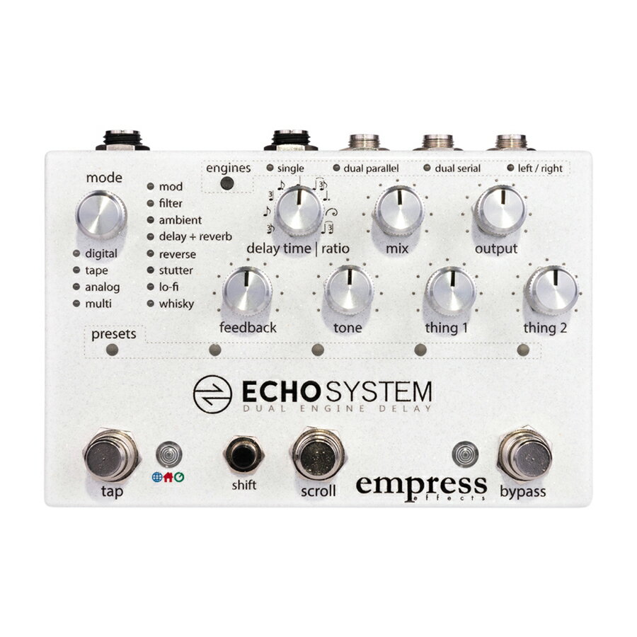 Empress EffectsのEchosystem（エコーシステム）は、 従来のディレイペダルの概念を打ち破るクリエイティブ・ツールです。 Empressならではの圧倒的な音質の良さはもちろん、 デジタル、アナログ、テープ・ディレイを始め、 選び抜かれ、研ぎ澄まされた各モードを搭載。 インスピレーションを無限に刺激する完璧なディレイ・スタイルを実現します。 デュアル・エンジン機能により、2つのディレイモードを、並列、直列、 またはL/Rモードで使用することができるため、さらに深く、 複雑なディレイ・サウンドの可能性を探求することができます。 最高音質と機能美を徹底的に追求した 『ハイエンド・ディレイ』の実力をお試しください。 付属品:正規保証書 お問い合わせフリーダイヤル:0120-37-9630