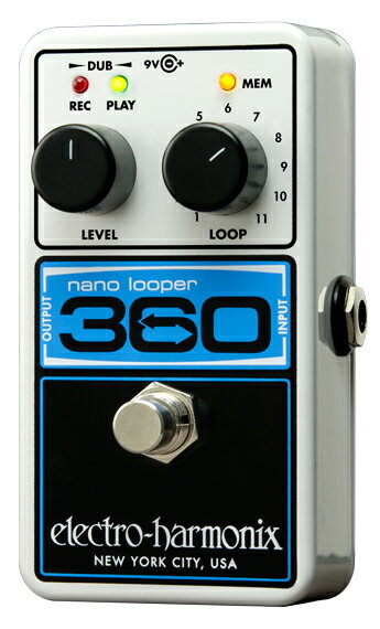 【Overview】 NANO LOOPER 360 はコンパクトかつ手頃なペダル・ルーパーで、 360秒のループレコーディングタイムを持ち、 11トラックのループ設定・保存が可能です。 【Specs】 360秒＝6分のループレコーディングタイムを 11トラックに分割して設定・保存が可能で、 最大限のコントロール性と柔軟性を実現。 高音質で、音質劣化のない無限のオーバーダビングが可能。 非圧縮オーディオ 24ビット A/D/A変換(サンプリングレート - 44.1kHz) ユーザーフレンドリーなコントロール設計で、 ループ/オーバーダビング/アンドゥ(取り消し） ・リドゥ（再実行）/ループ消去等が簡単に手早く操作可能。 電源：9V DC センターマイナスアダプター　JP9.6DC-200（付属） お問い合わせフリーダイヤル:0120-37-9630