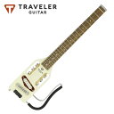 TRAVELER GUITAR (トラベラーギター) の「Ultra-Light Electric Vintage White」は、フィンガーボードにパーフェローを採用し、アルニコ・シングルコイル・ピックアップを搭載したモデルです。 Ultra-Light Electric Vintage Whiteは重量2kg未満、全長711mmと非常に軽量でコンパクトな設計になっており、メイプル材を用いたネック一体型ボディです。 座って演奏する際にひざの上にのせるためのラップレストは着脱式になっており、外せばさらにコンパクトになります。 アルニコ・シングルコイル・ピックアップを搭載しており、ボディ裏側にあるアウトプットジャックからアンプへの出力が可能です。 お手持ちのギターアンプ等に接続することで、通常のエレクトリックギターとして使用可能です。 スケールは24 3/4インチ (約628mm) 、22フレットを採用しているので、ミニギターとは異なり、違和感なく演奏できます。 カラーはヴィンテージ・ホワイトです。 ギグバッグ付属ですので、どこへでも気軽に持ち運べ、演奏が楽しめます。 Specification ■Neck Through Body: Eastern American Hard Maple ■Fingerboard: Pau Ferro ■Fingerboard Inlays: Dot ■Scale Length: 約628mm (24 3/4 in.) ■Frets: 22 medium ■Neck Radius: 約400mm (15 3/4 in.) ■Neck Width at Nut: 約44.5mm (1 3/4 in.) ■Body Thickness: 約38mm (1 1/2 in.) ■Body Width: 133mm (5 1/4 in.) ■Overall Length: 約711mm (28 in.) ■Overall Depth: 約51mm(2 in.) ■Weight: 約1.4kg (3 lbs. 2 oz.) ■Hardware: Chrome 14:1 Gear ratio (Closed gear) ■Pickup: Alnico Single Coil Pickup ■Audio Output: Standard 1/4 in. jack ■Strings: D'Addario EXL110 Regular Light Set (.010，.013，.017，.026，.036，.046) ■Color: Vintage White ■Finish: Gloss ■Case: Gigbag 付属品：純正ギグバッグ、正規保証書 お問い合わせフリーダイヤル:0120-37-9630